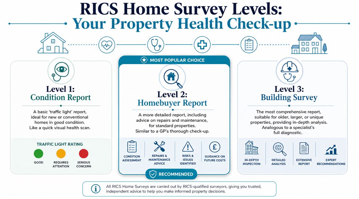 An infographic detailing the three levels of RICS home surveys, comparing condition reports, homebuyer reports, and building surveys.