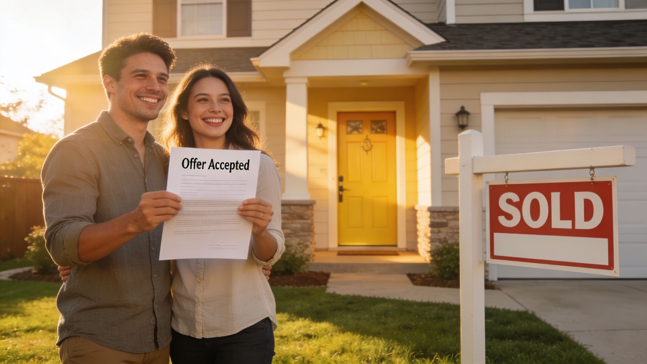 A happy young couple holding an accepted house offer paper in front of their new sold home.