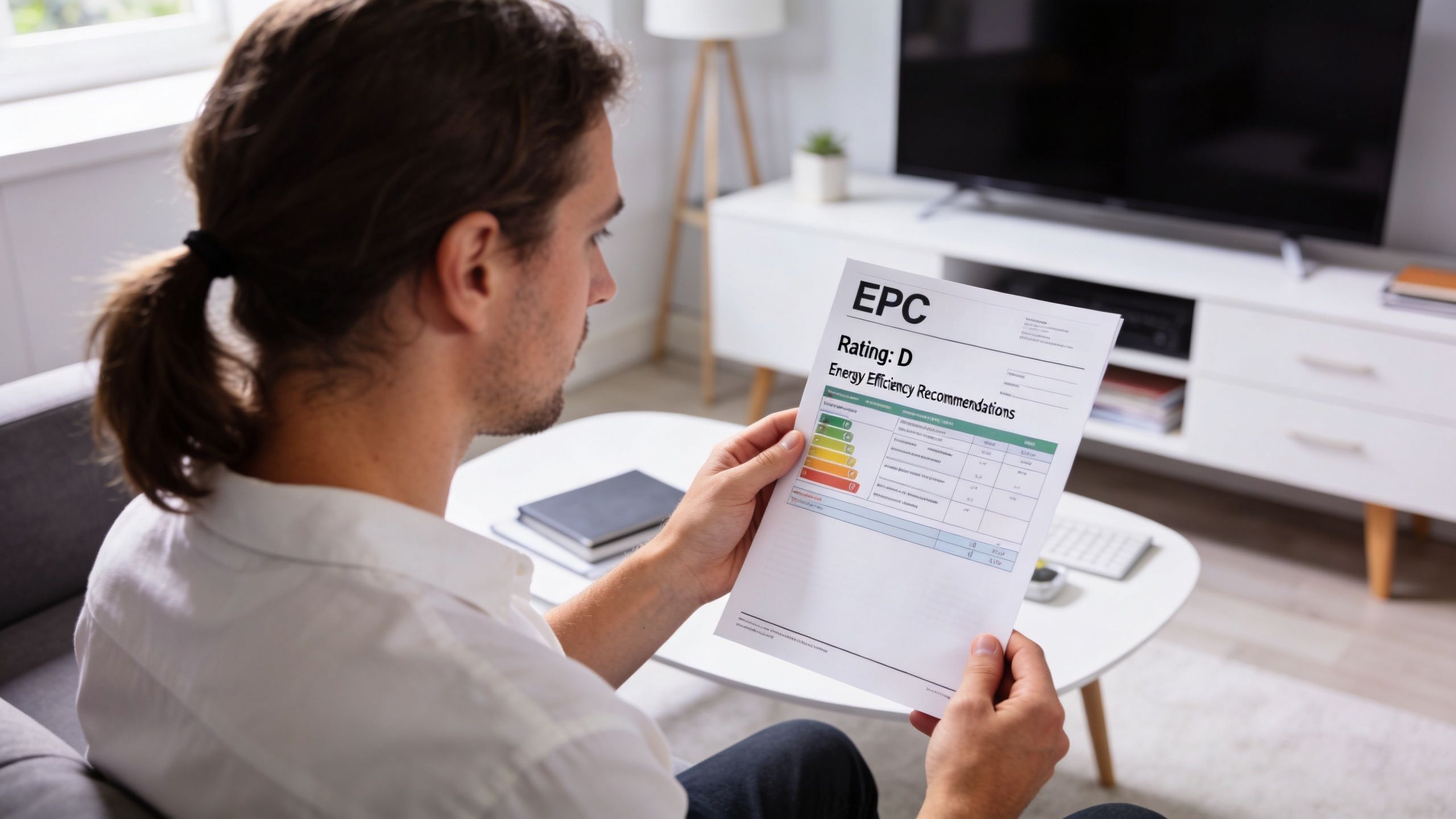 A man sitting on a sofa while holding and reviewing an energy performance certificate document at home.