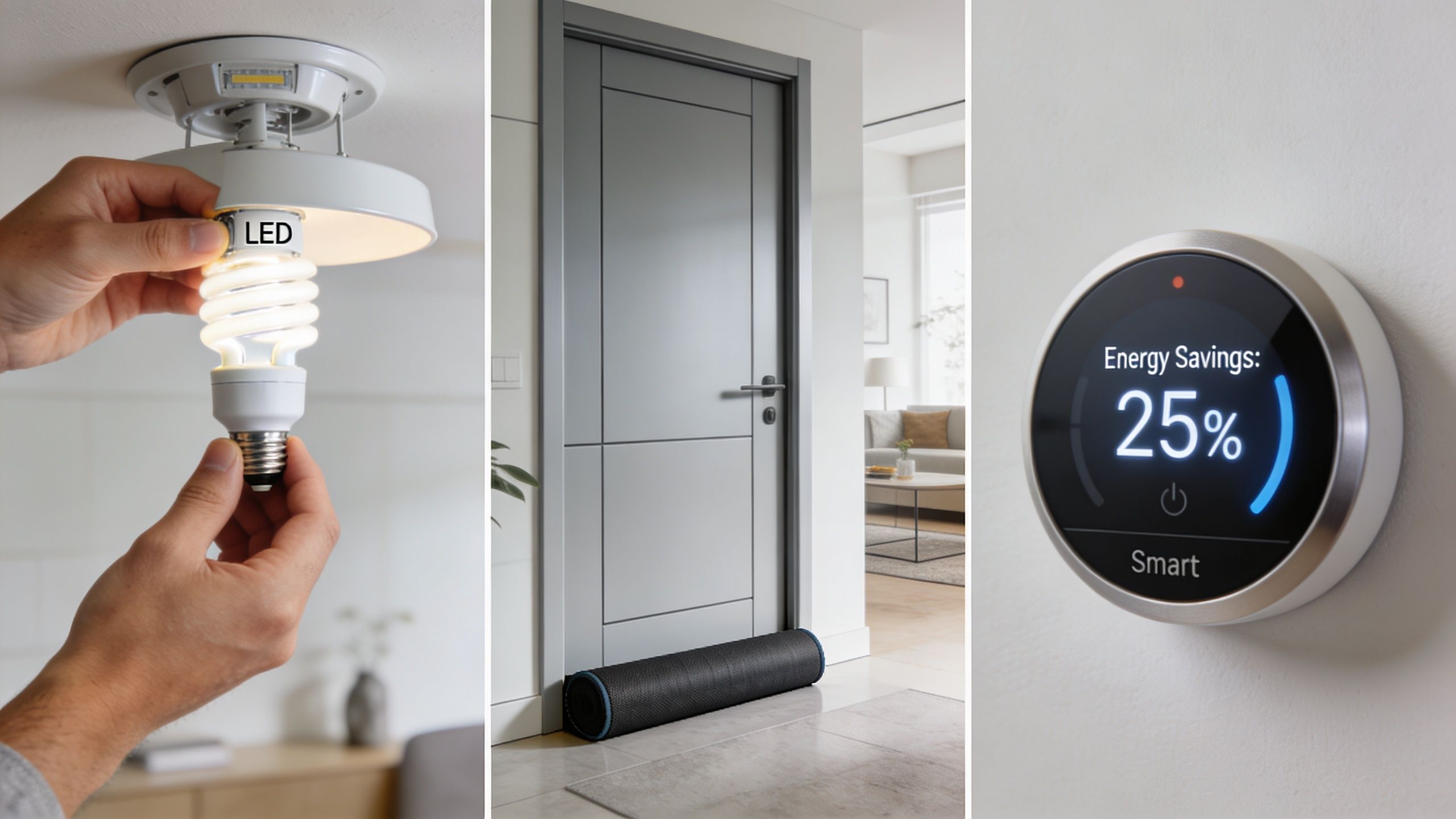 Three panels showing home energy efficiency improvements including changing lightbulbs, sealing doors, and monitoring smart thermostats.