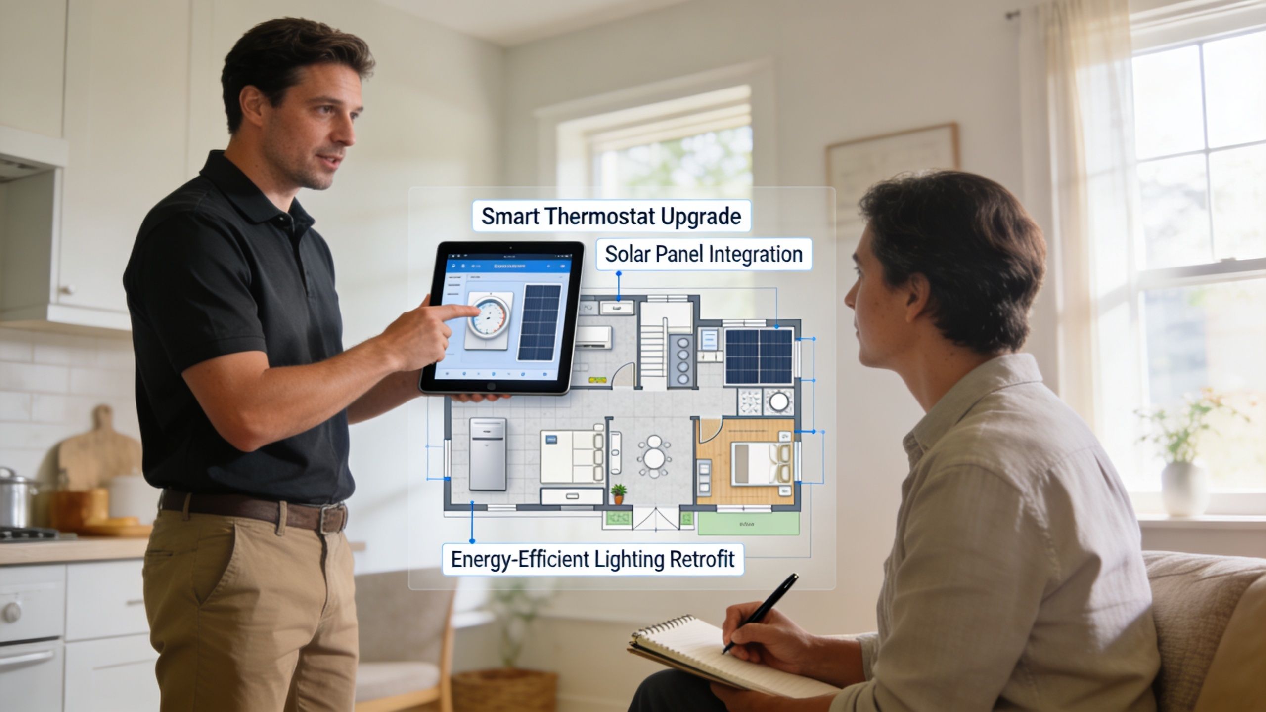 A professional explaining home energy efficiency upgrades to a homeowner using a tablet with floor plans.