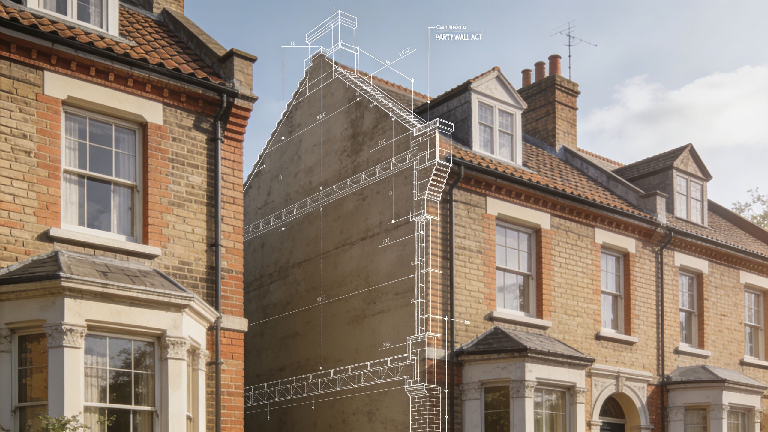 Architectural technical drawing of a party wall overlaid onto a residential brick townhouse street view.