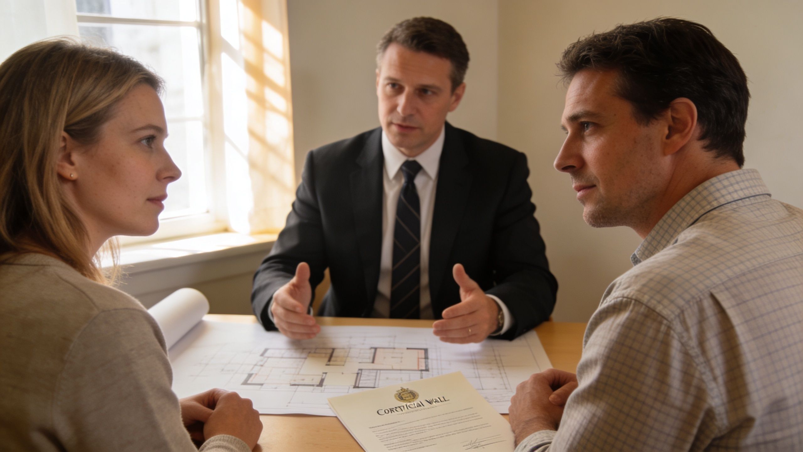 A professional party wall surveyor consulting with a couple over house blueprints and legal documents.