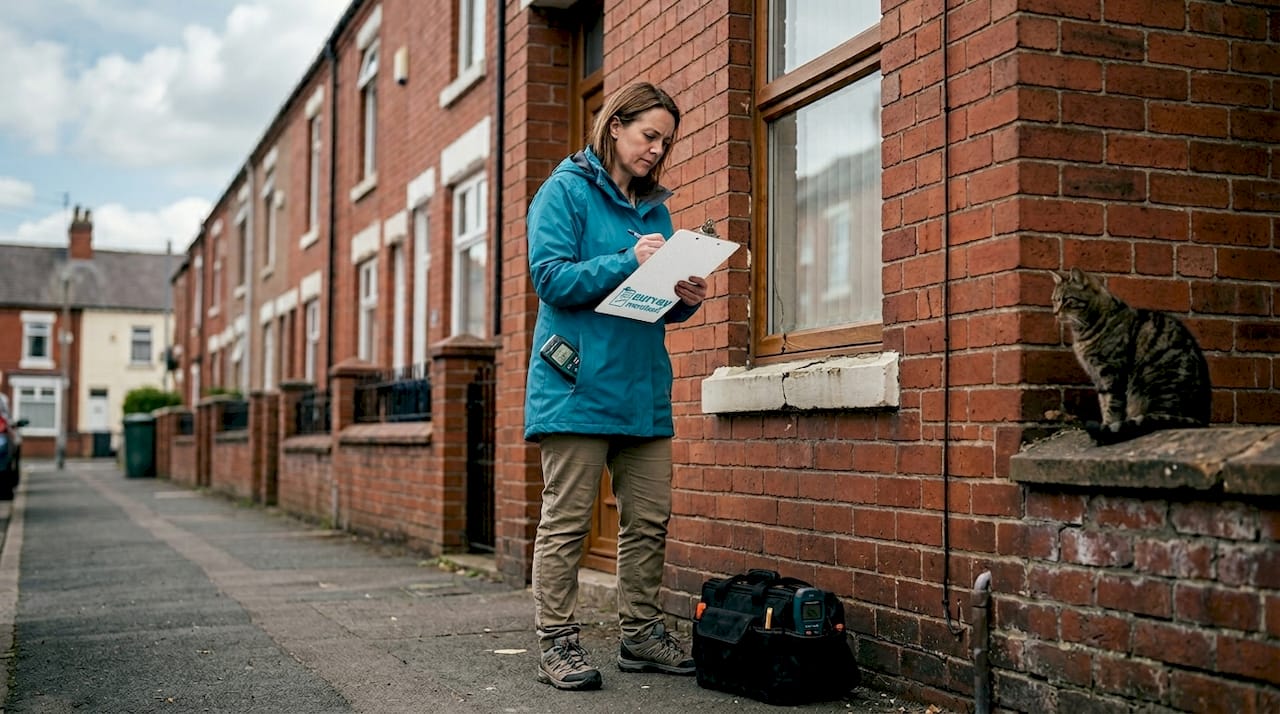 Surveyor inspecting exterior UK terraced house