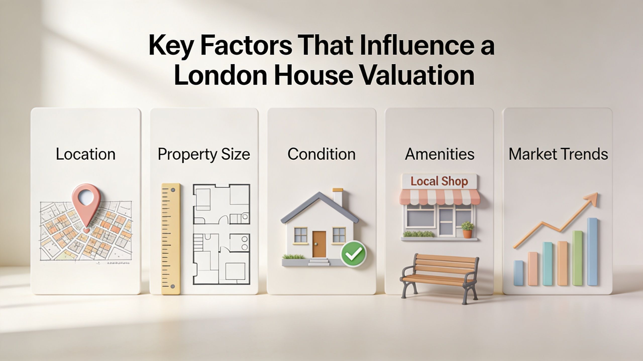 An infographic showing five key factors influencing London house valuation: location, size, condition, amenities, and market trends.
