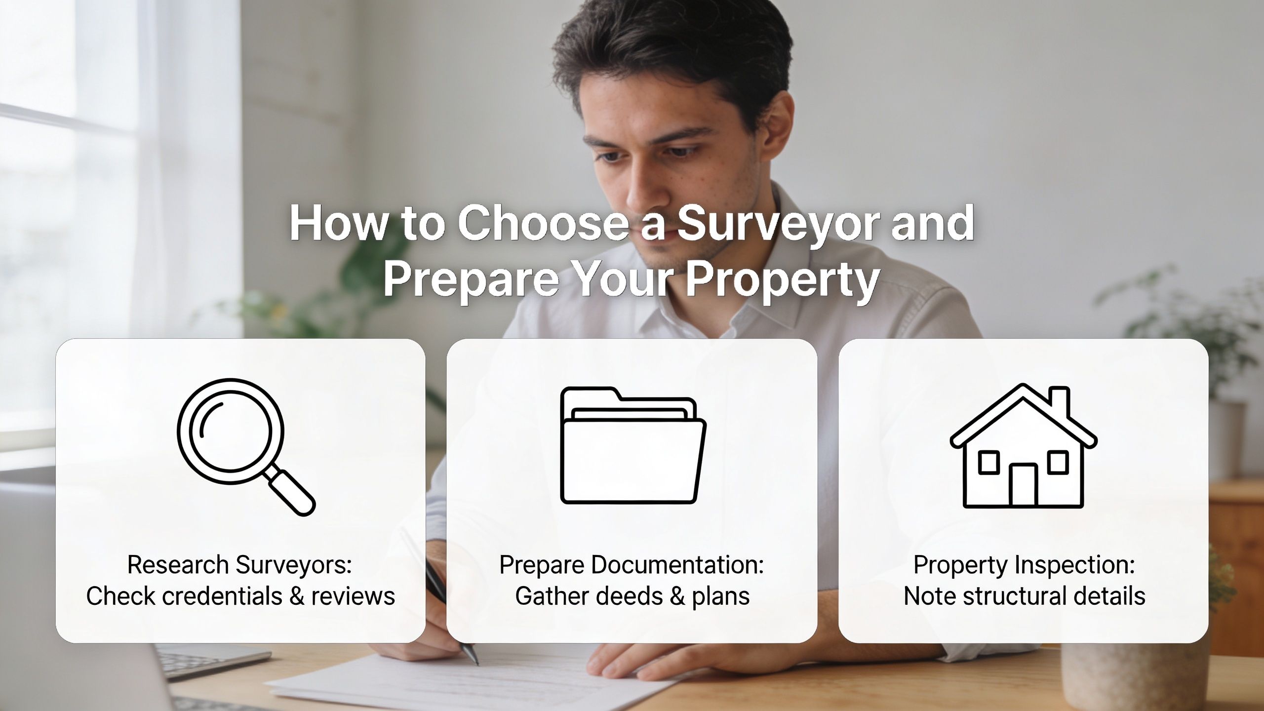 A man at a desk writing while considering steps to choose a surveyor and prepare property.