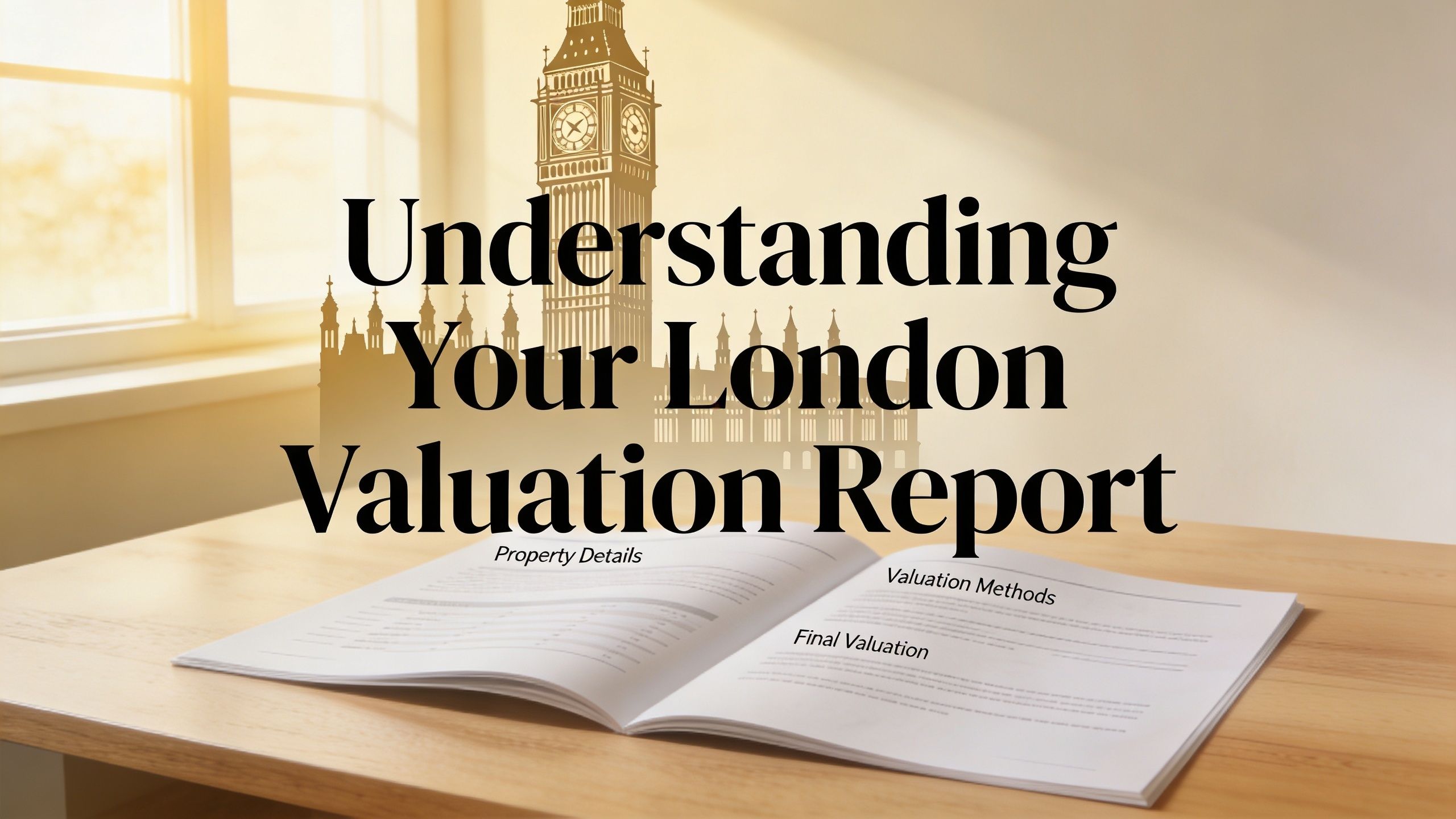 A professional document about London property valuation resting on a wooden desk with a London silhouette background.