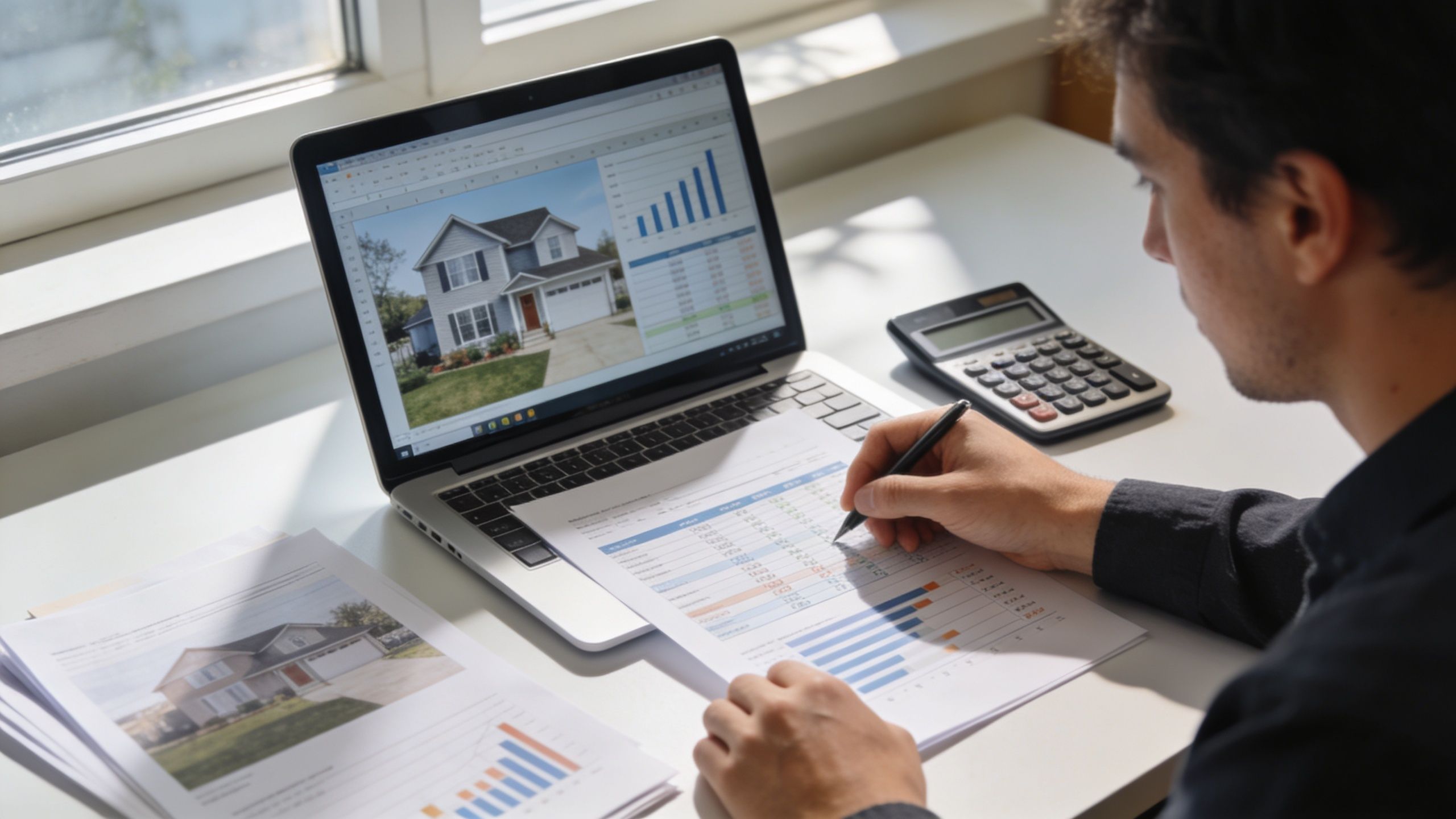 A man analyzing real estate documents and house data on a laptop while making an offer.