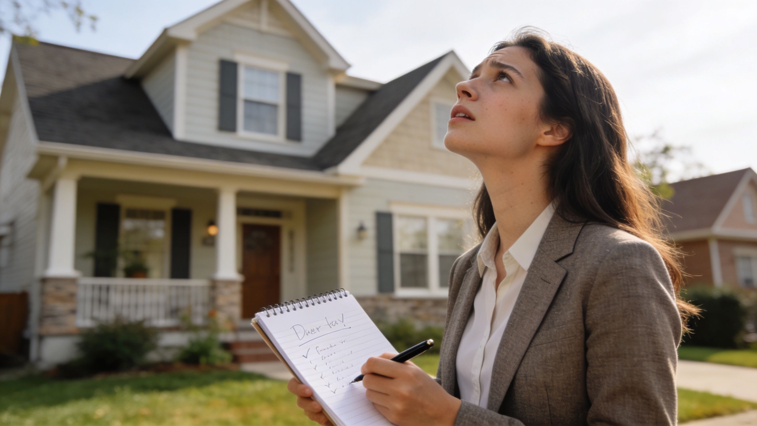 A professional real estate agent reviewing a checklist while inspecting the exterior of a residential home.
