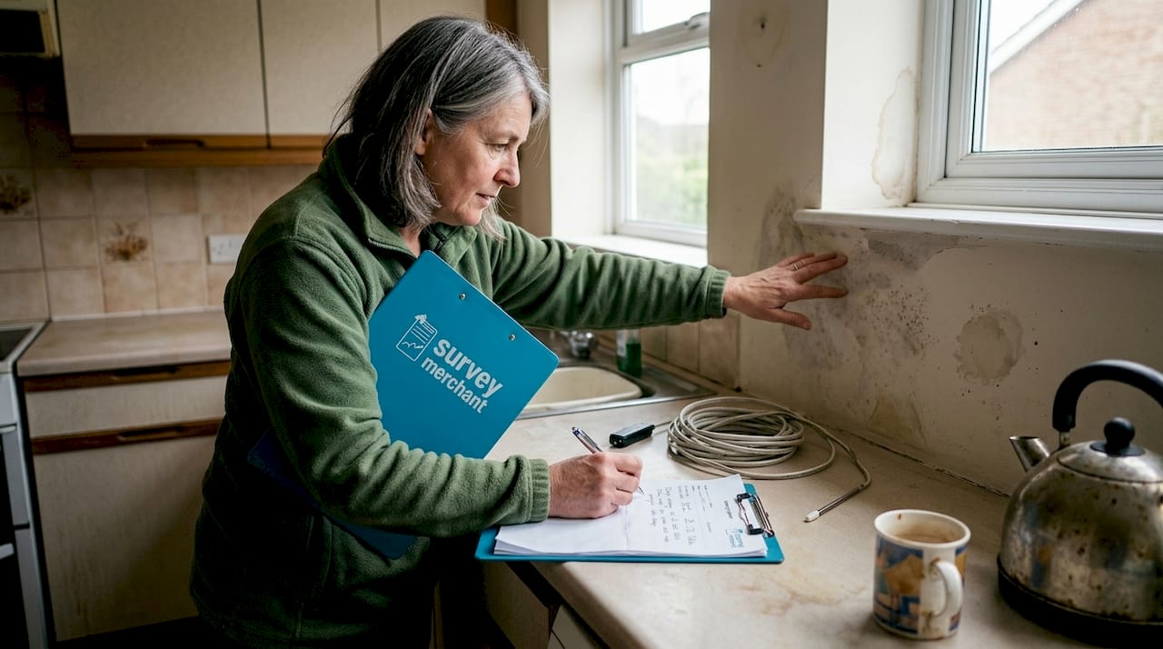 Surveyor recording notes in older kitchen