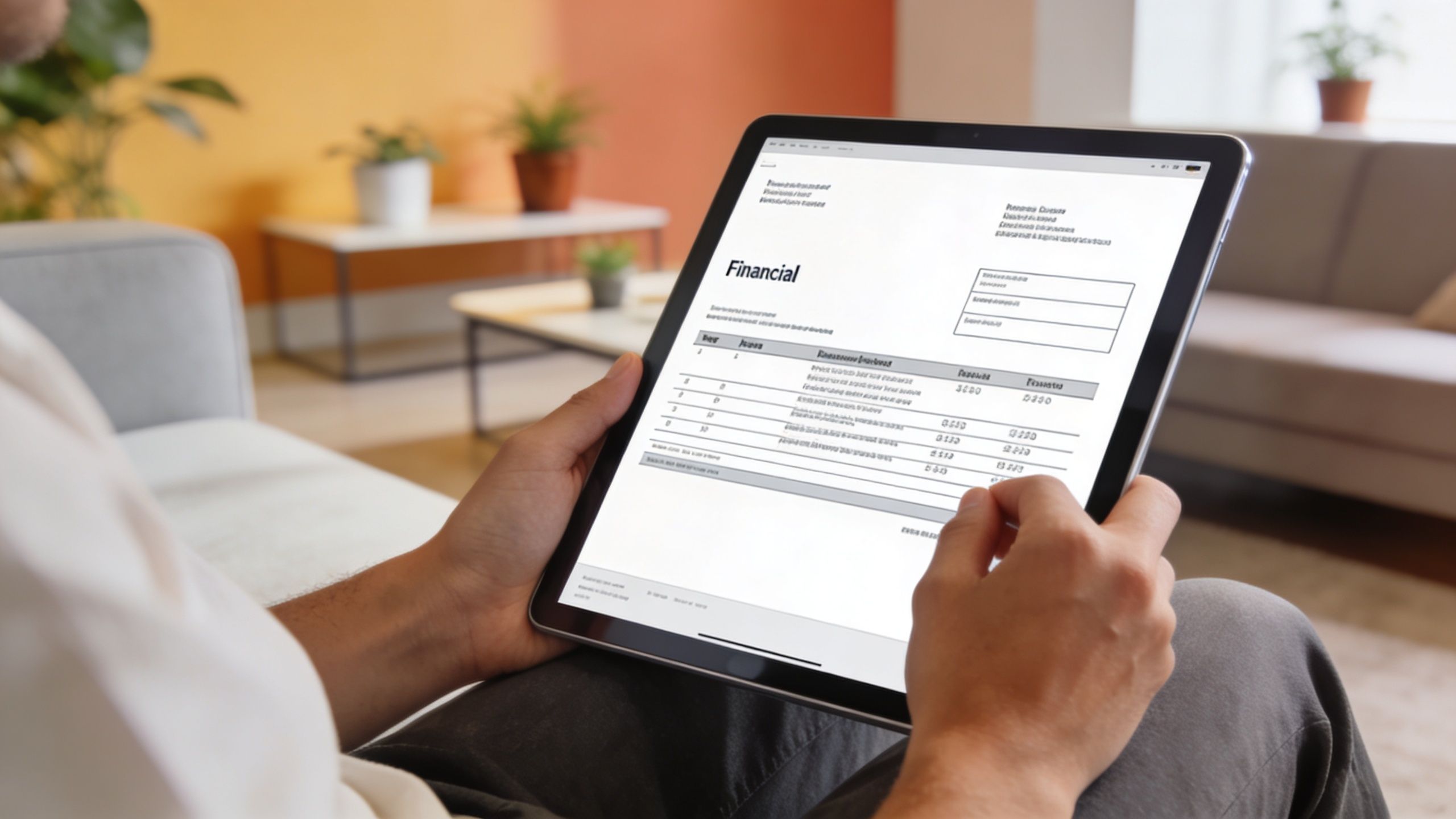 A person sitting on a sofa while reviewing financial documents on a digital tablet at home.