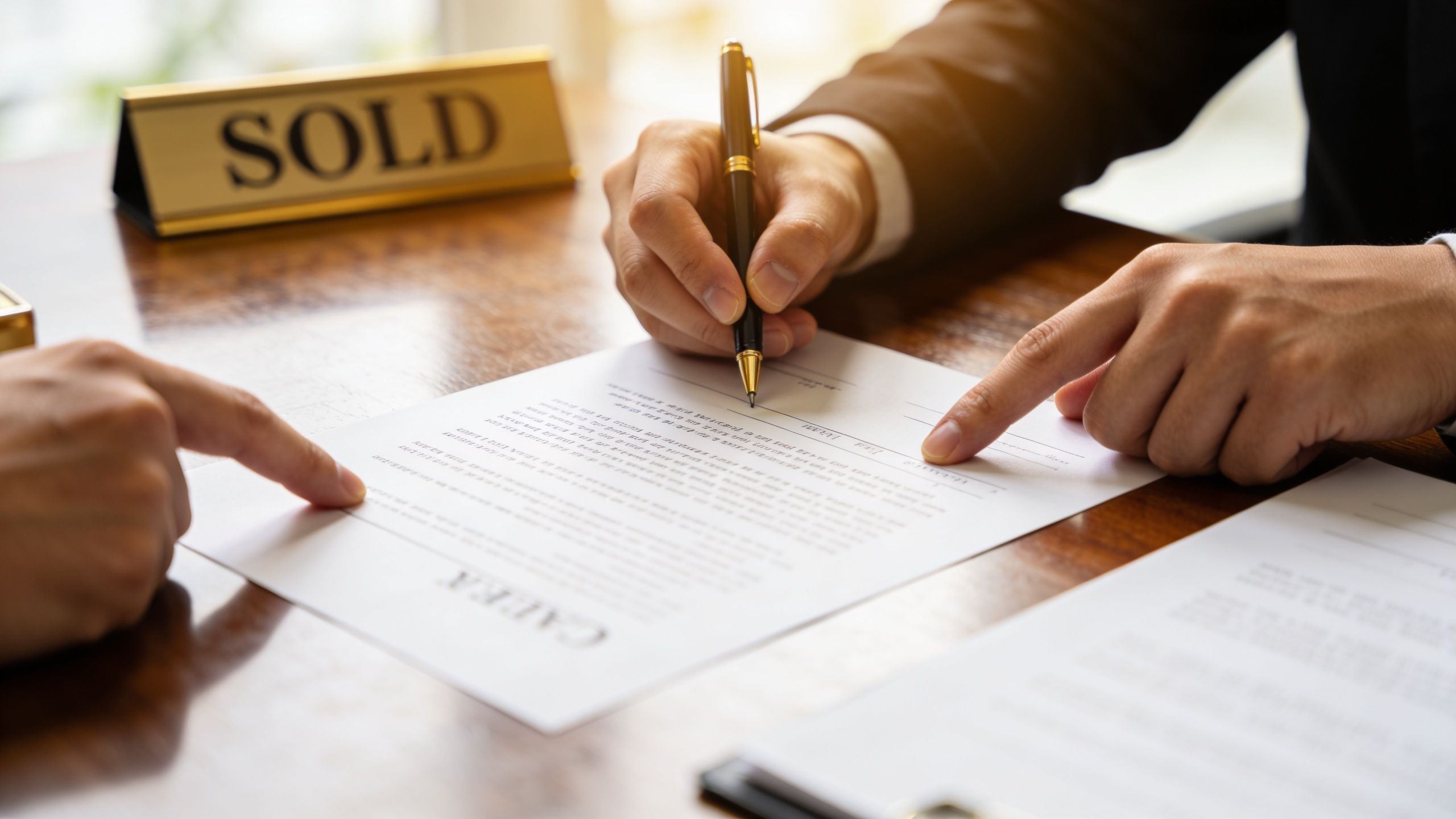 A real estate agent and client signing a contract on a desk with a sold sign.