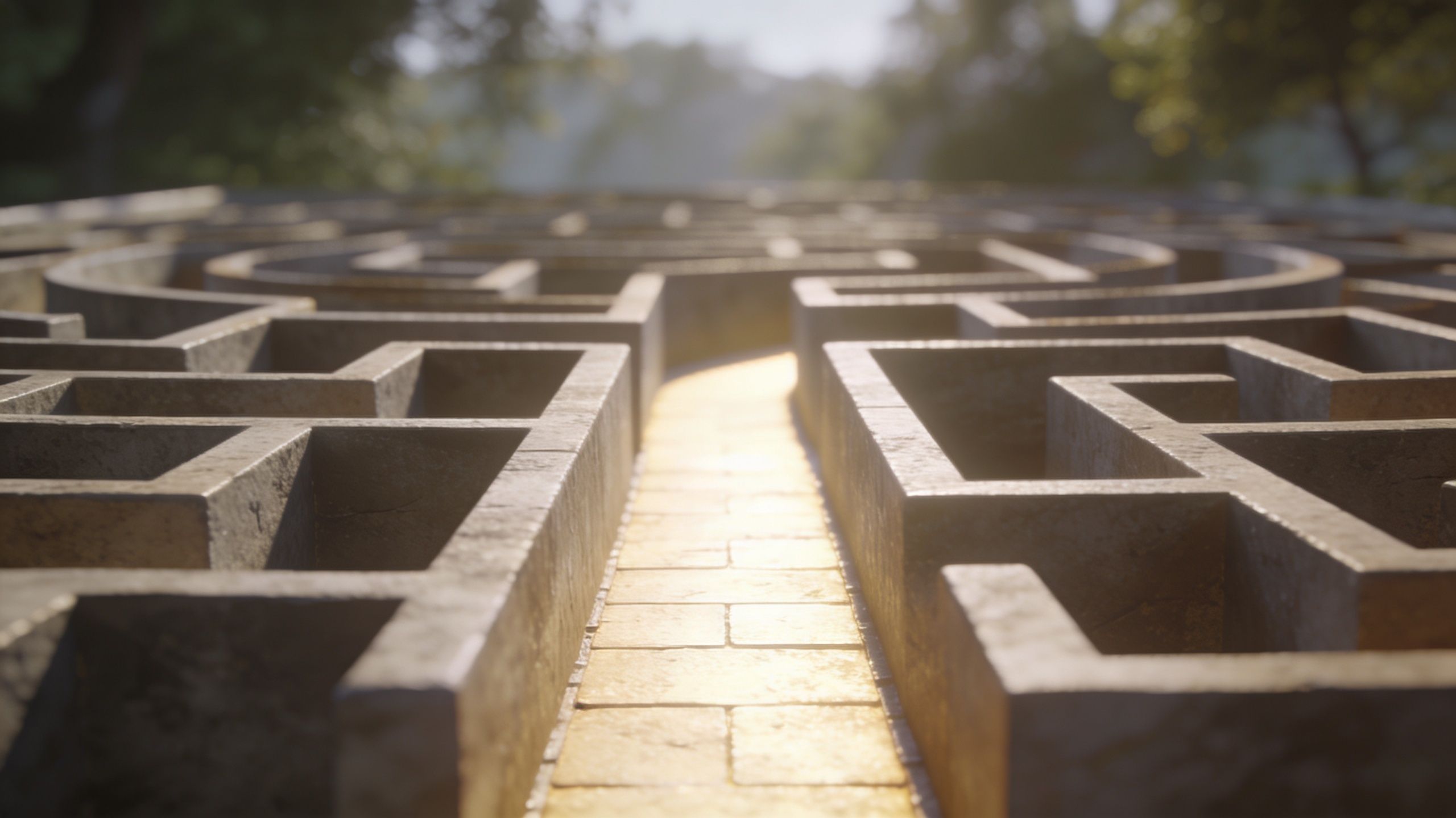 A first-person view of a stone labyrinth path leading towards a bright, golden light outdoors.