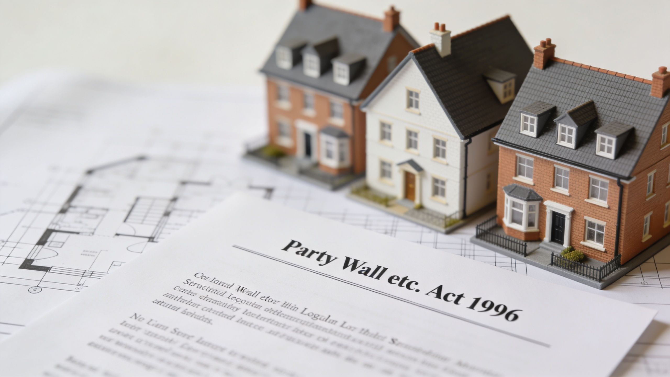 A document titled Party Wall etc. Act 1996 resting on architectural house plans with model houses nearby.