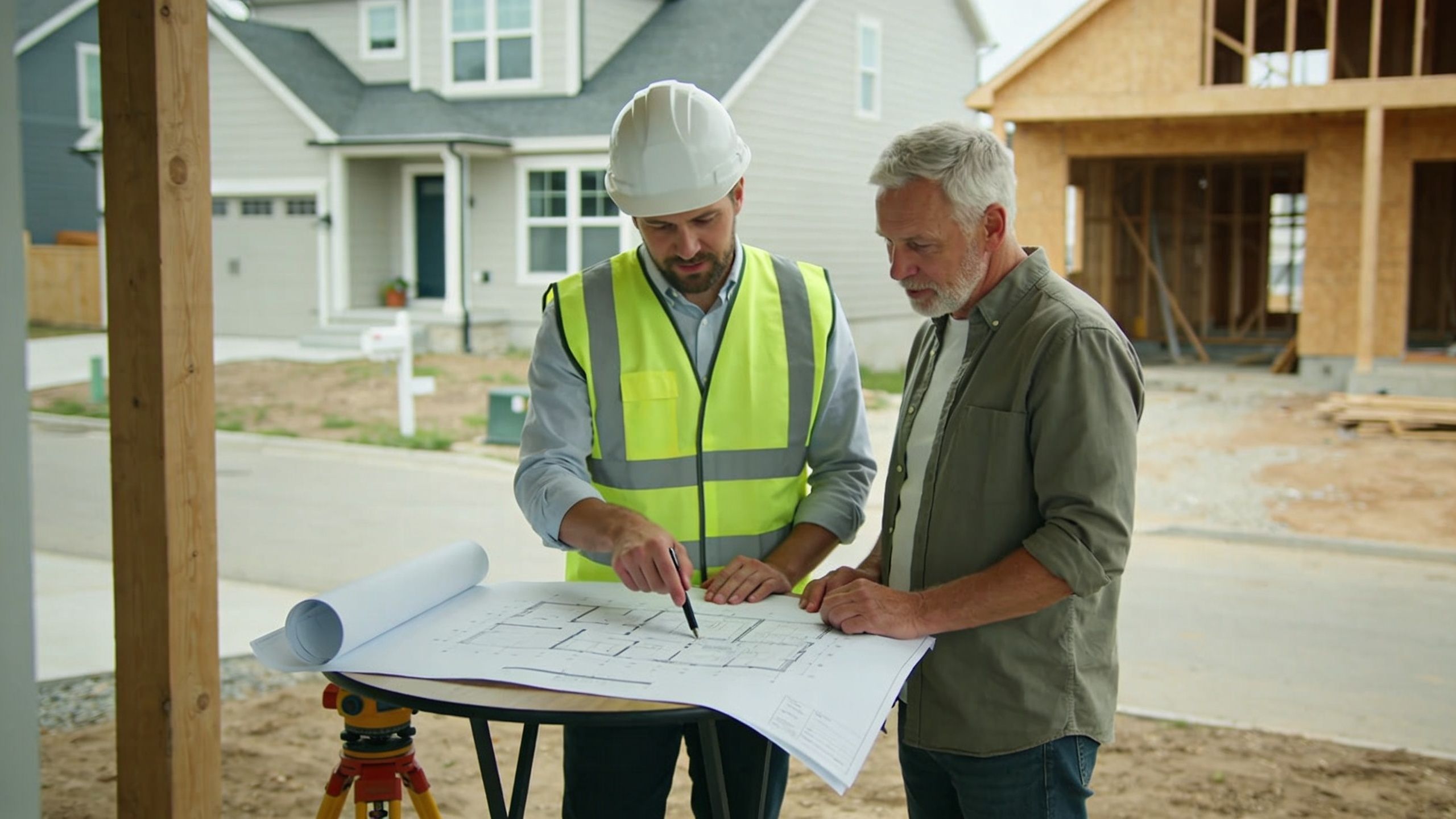 A construction manager in a hard hat and safety vest reviews building blueprints with a homeowner outdoors.