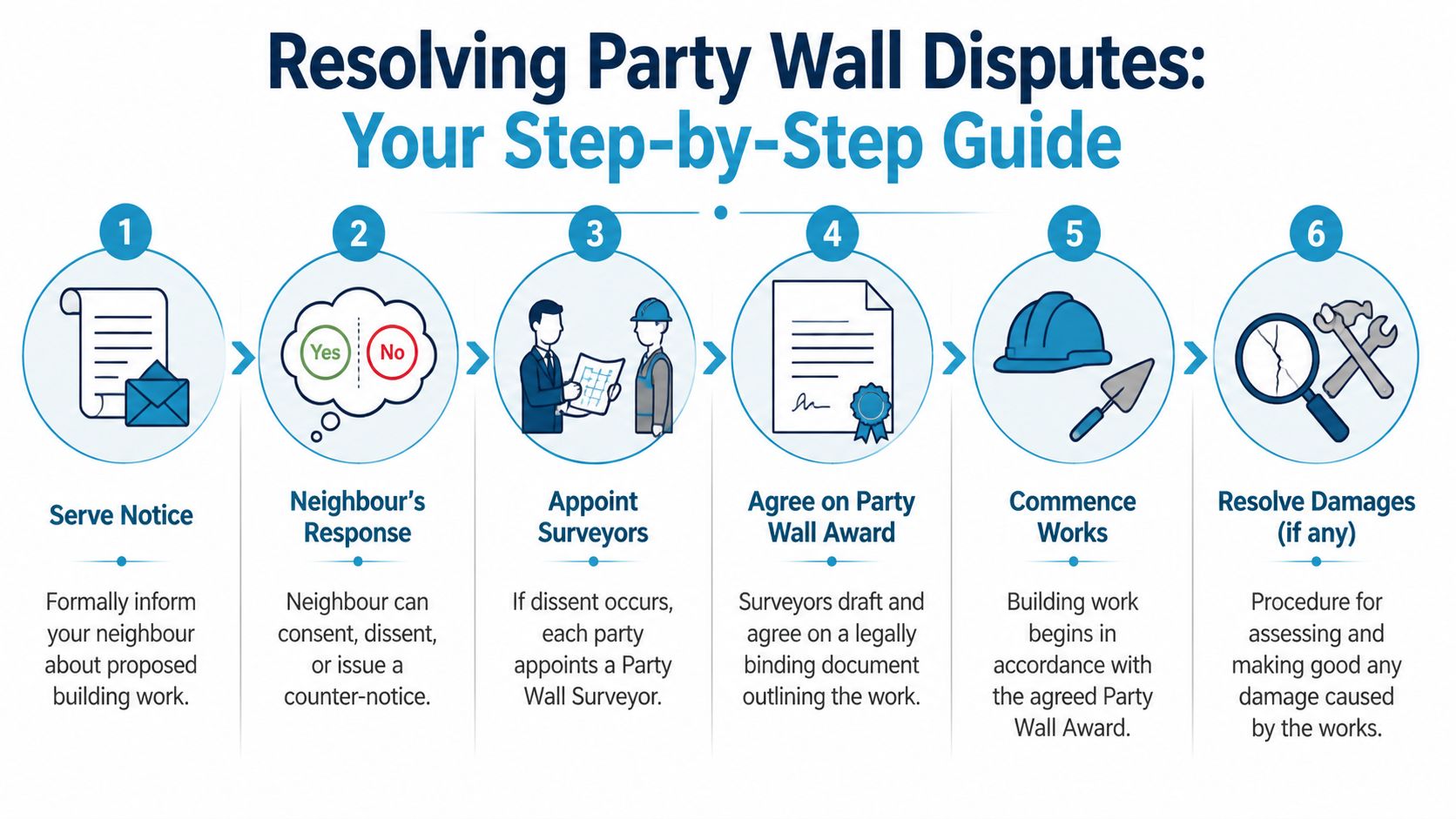 A six-step infographic illustrating the professional process for resolving disputes regarding party walls between neighbors.