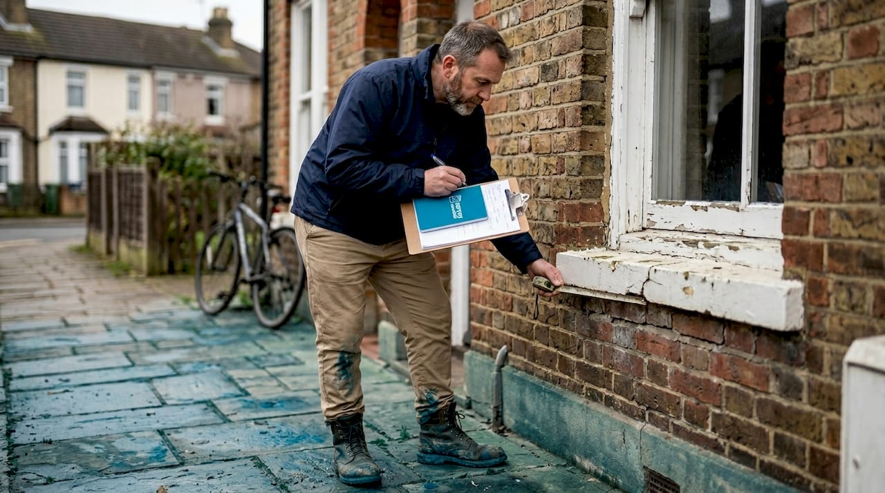 Surveyor inspects Victorian home's exterior