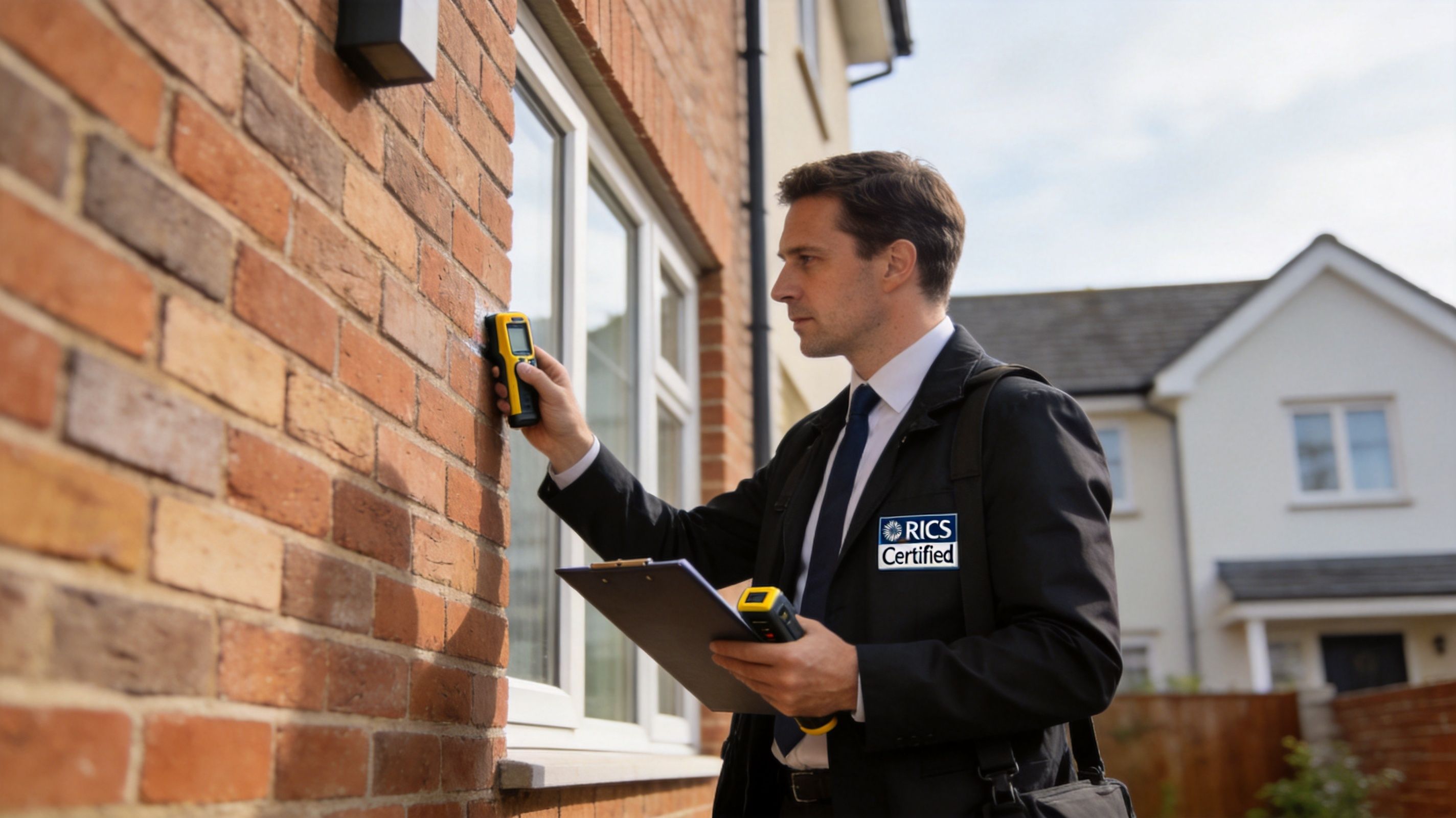 A professional RICS certified surveyor inspecting the brick wall of a house with a moisture meter tool.