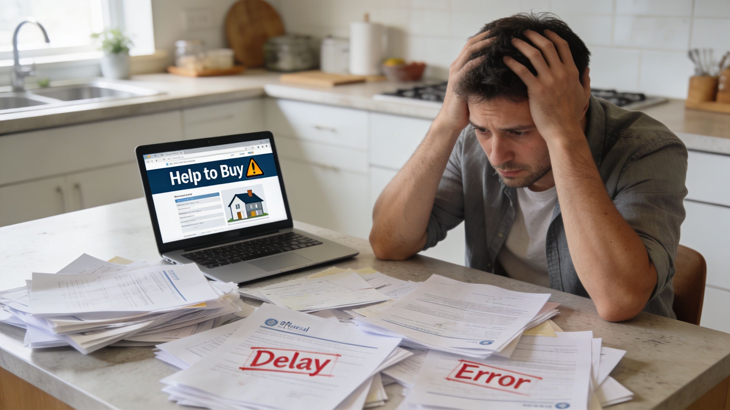 Stressed man sits at a kitchen table surrounded by paperwork with a Help to Buy website error.