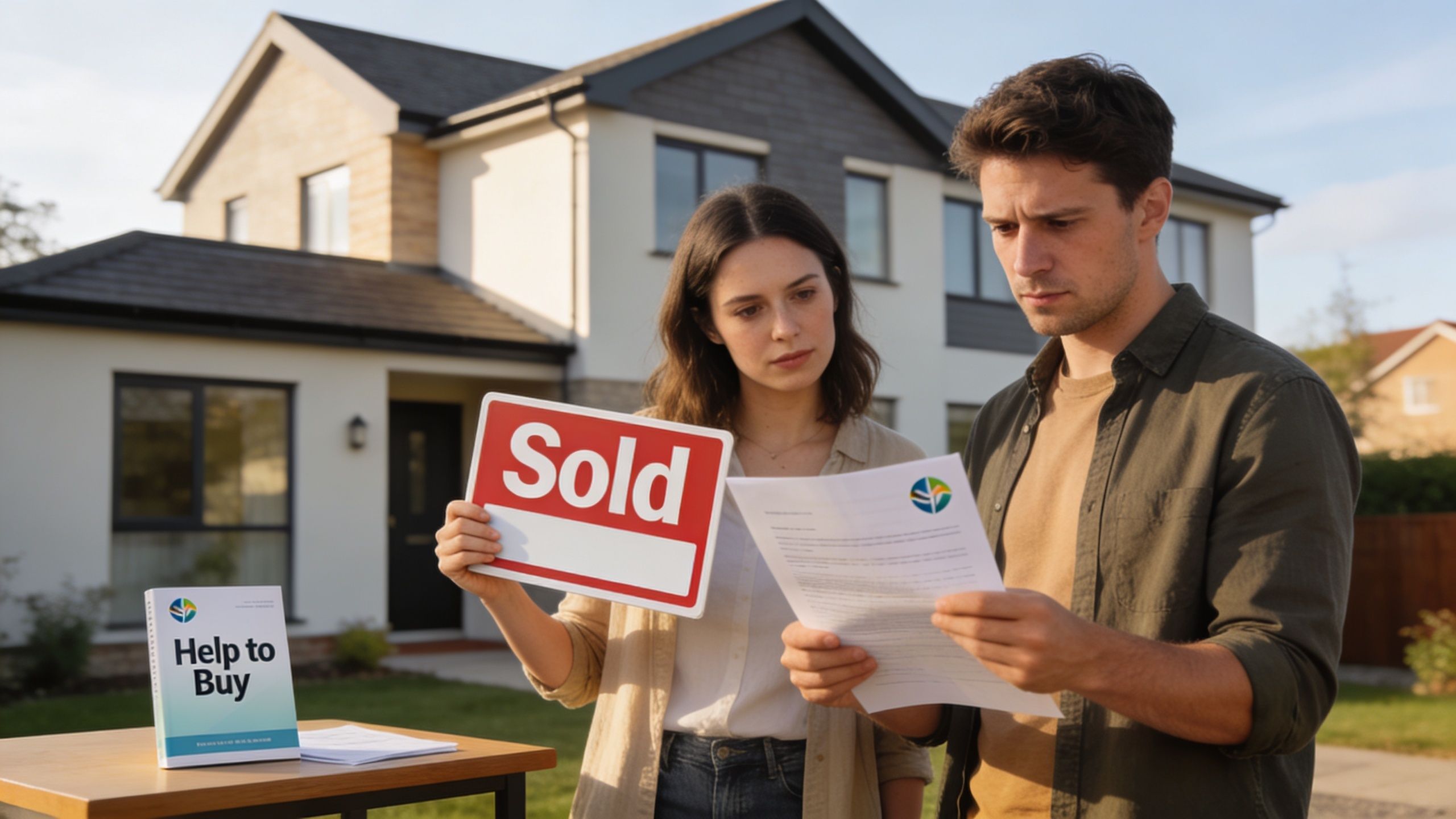 A young couple reviewing Help to Buy paperwork in front of their newly purchased modern home.