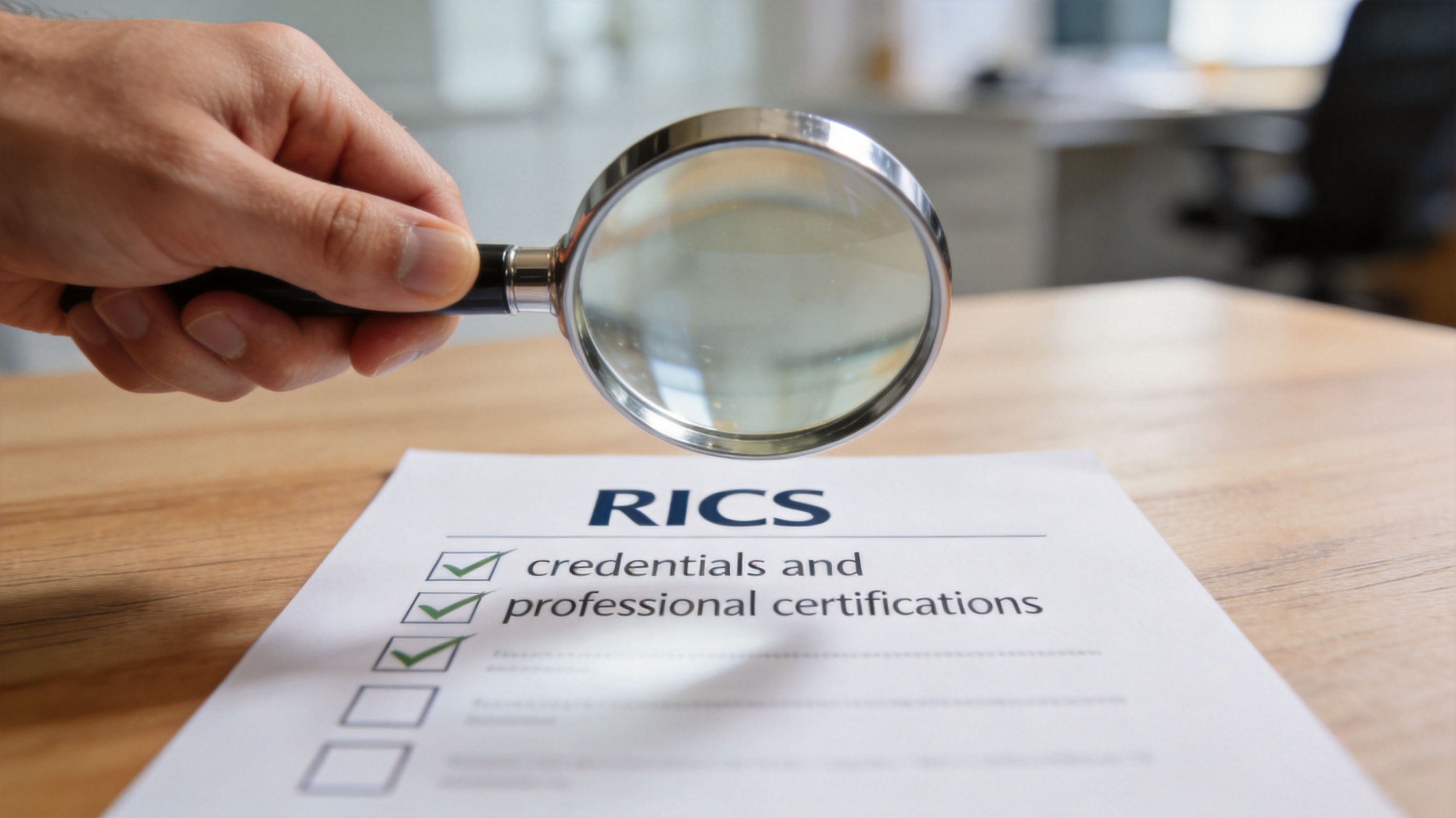 A hand holds a magnifying glass over a document listing RICS credentials and professional certifications on paper.