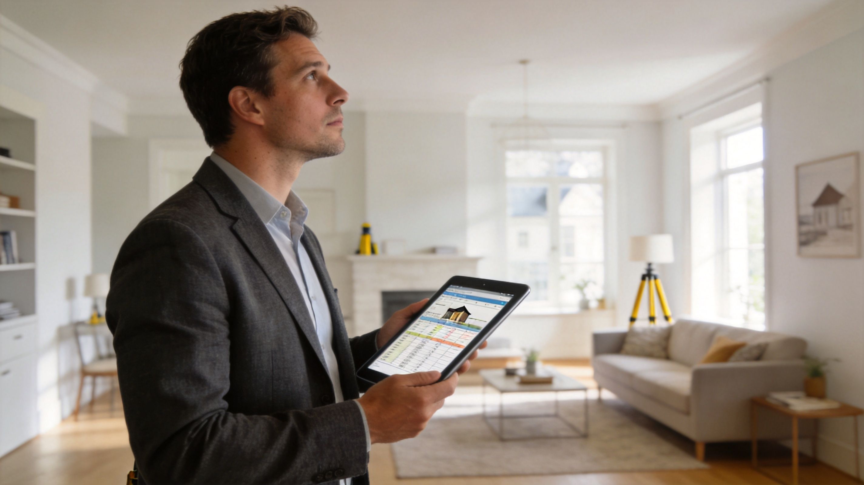 A professional man in a suit holding a tablet, reviewing survey data in a modern bright apartment.