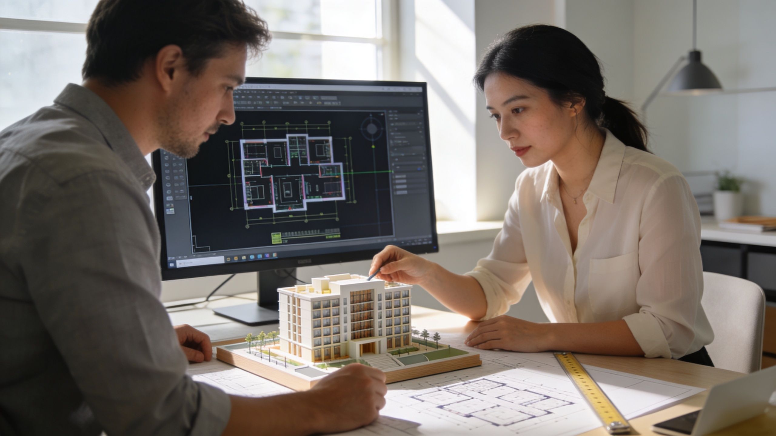 An architect and a designer reviewing building plans and a scale model in a professional office.