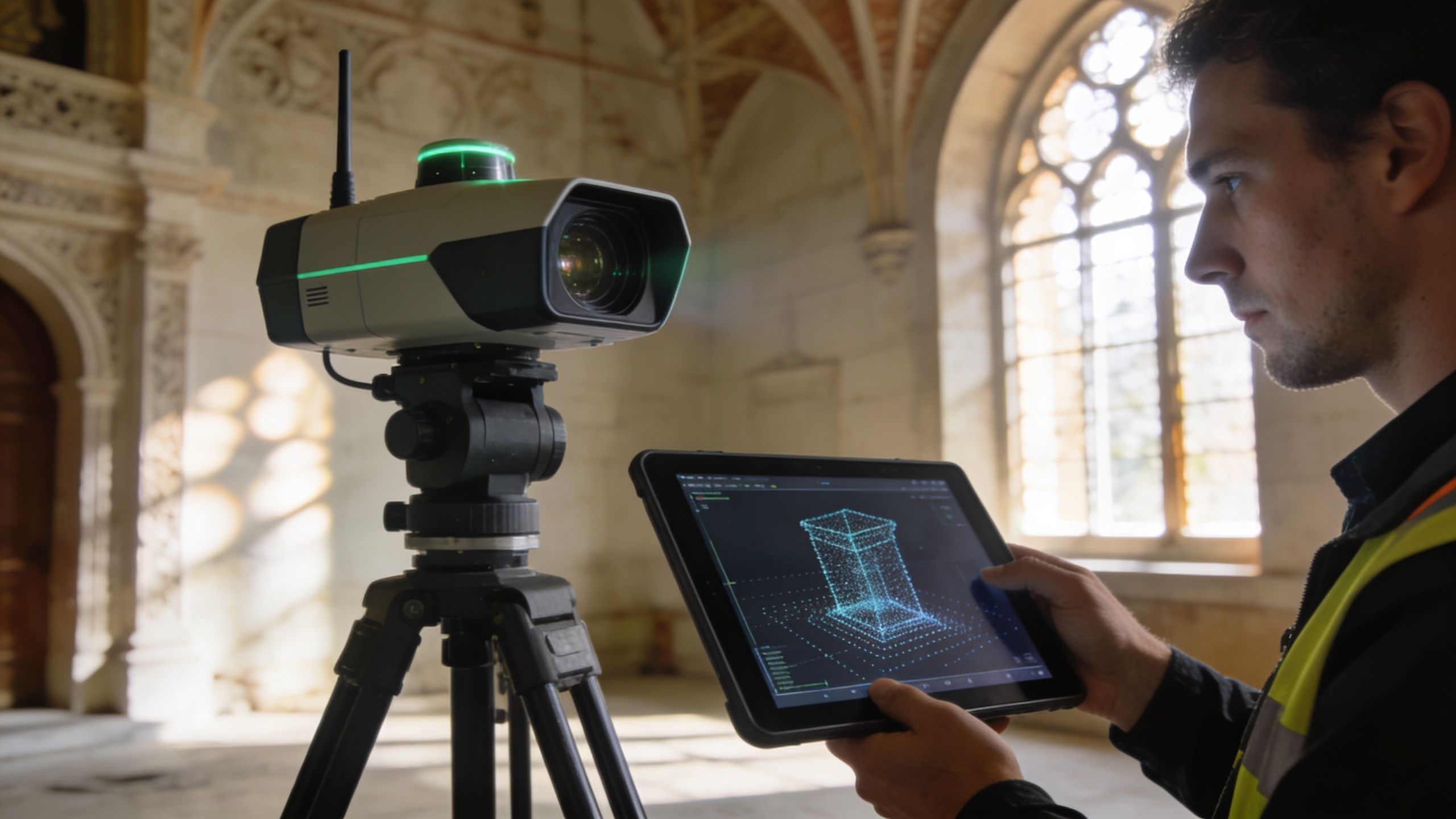 A surveyor using a 3D laser scanner and tablet to perform a measured building survey inside.