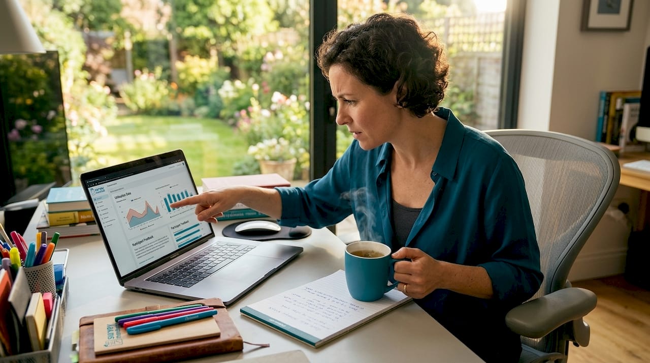 Woman reviewing property survey at kitchen table