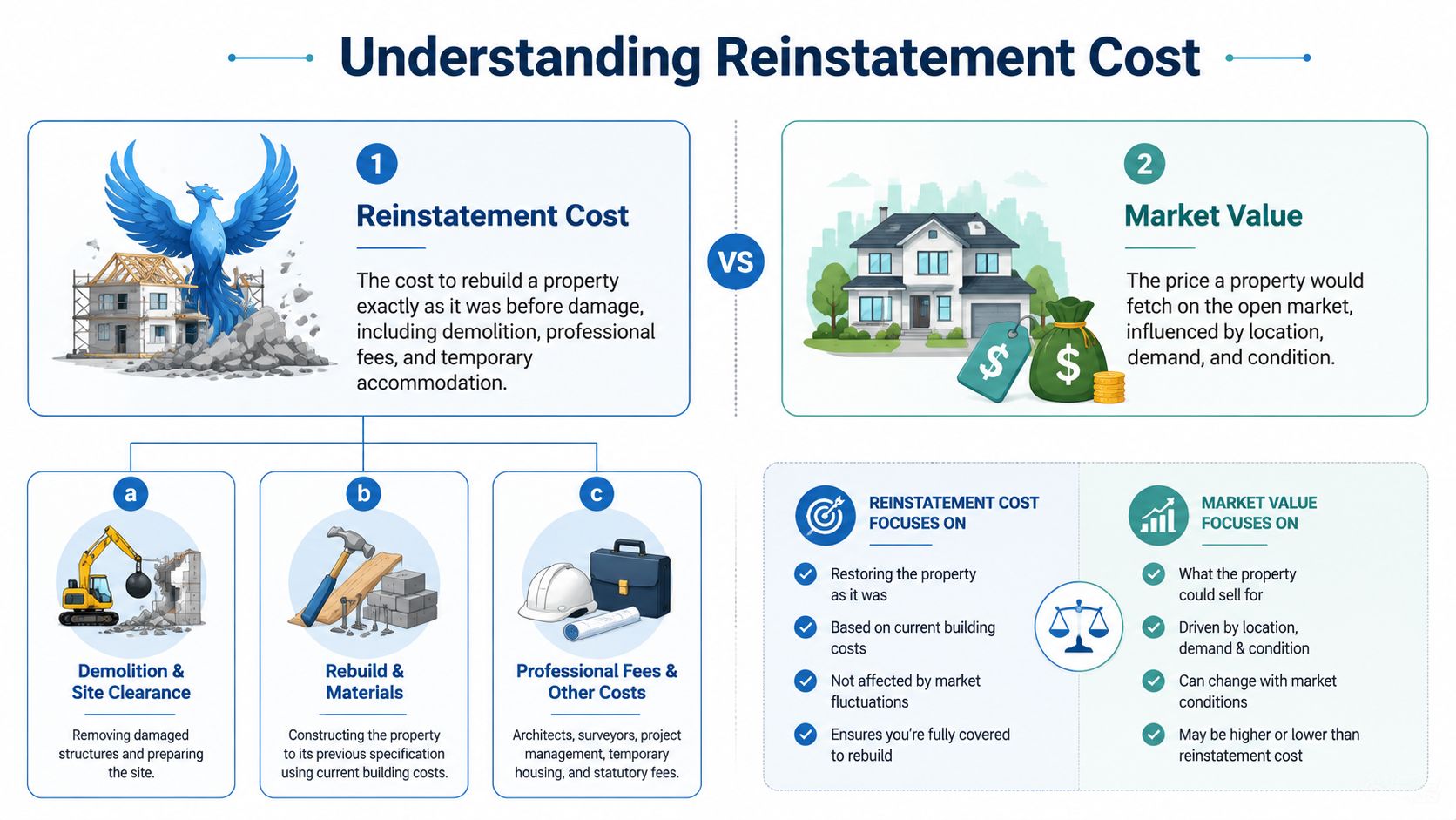An infographic illustrating the difference between reinstatement cost and market value for property insurance purposes.