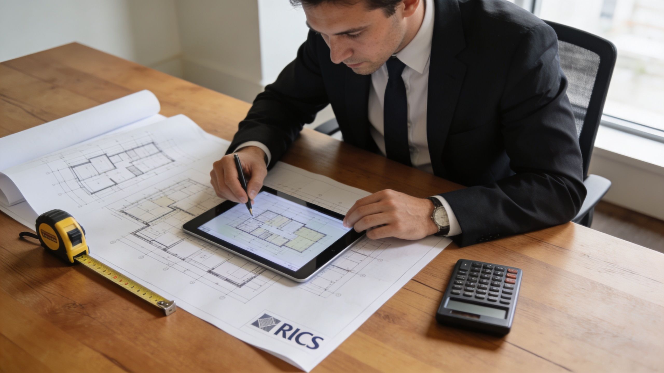 A professional in a suit reviewing architectural floor plans on a digital tablet at a wooden desk.