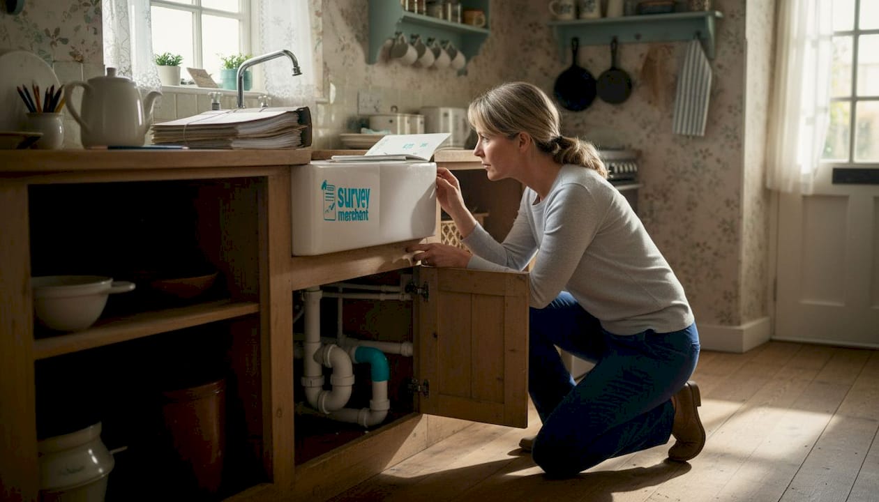 Surveyor checking pipes under kitchen sink