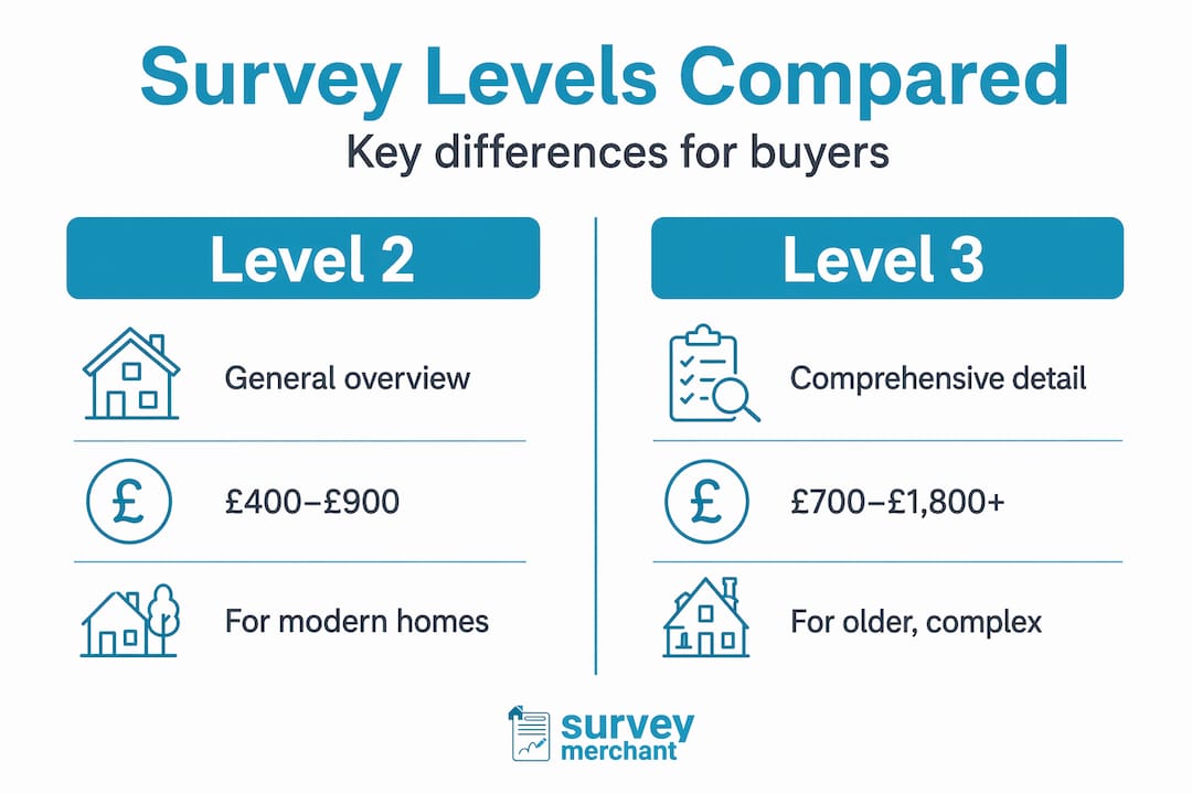Infographic showing Level 2 vs Level 3 survey features