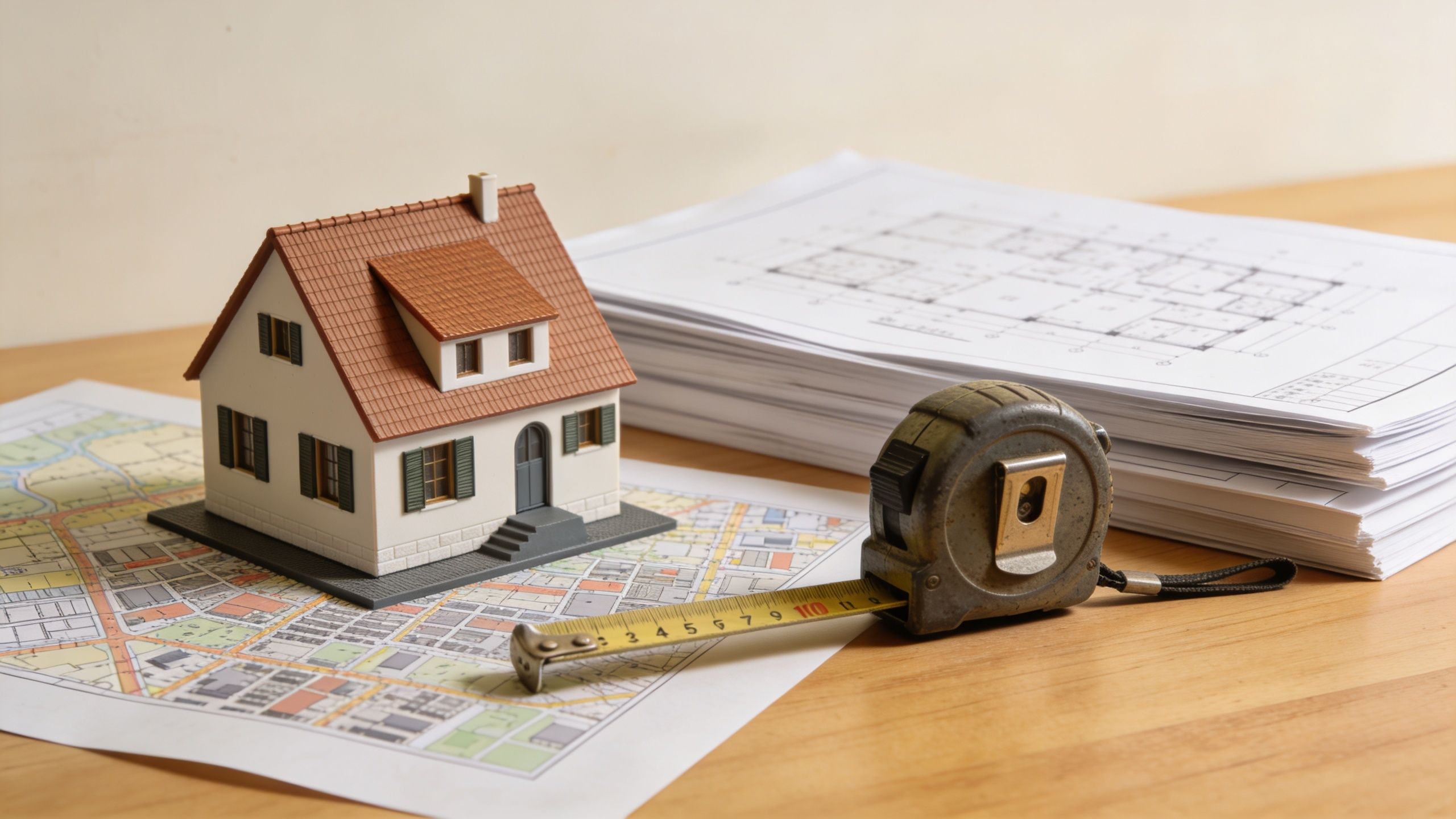 A house model sits on a map next to a tape measure and architectural blueprints.