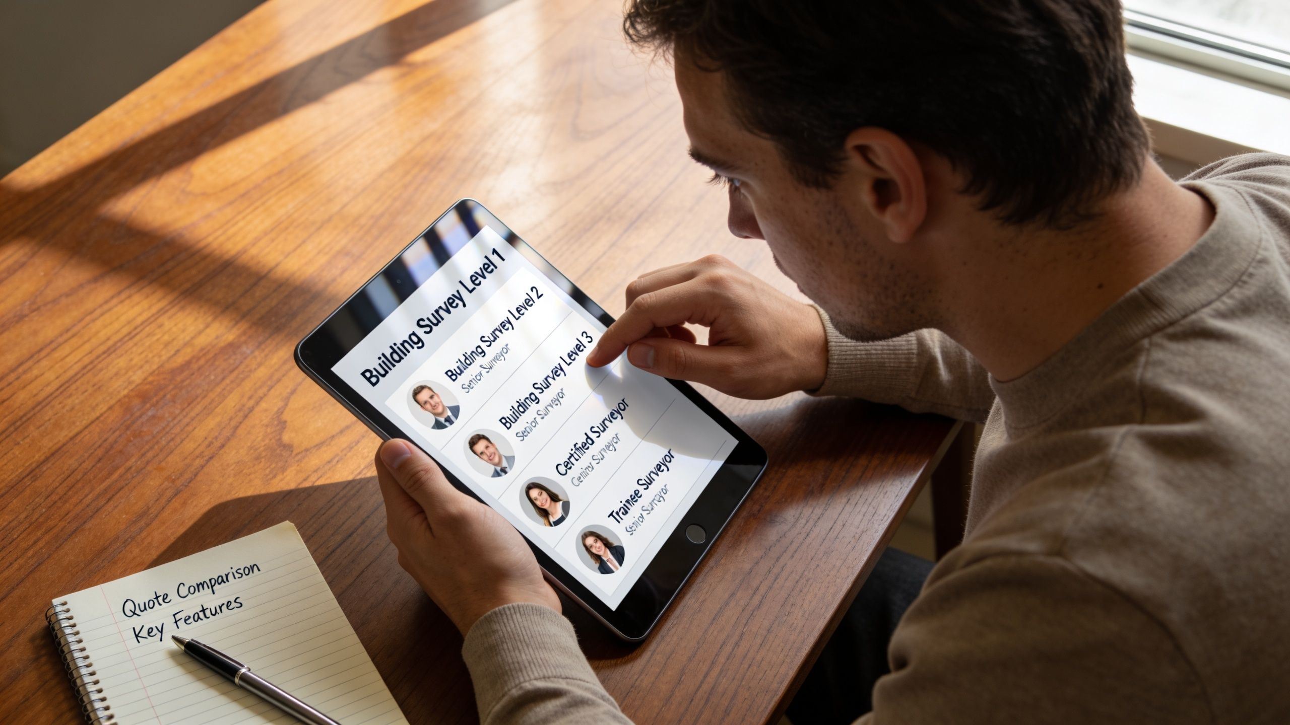 A man using a digital tablet to compare building survey costs and different surveyor professional levels.