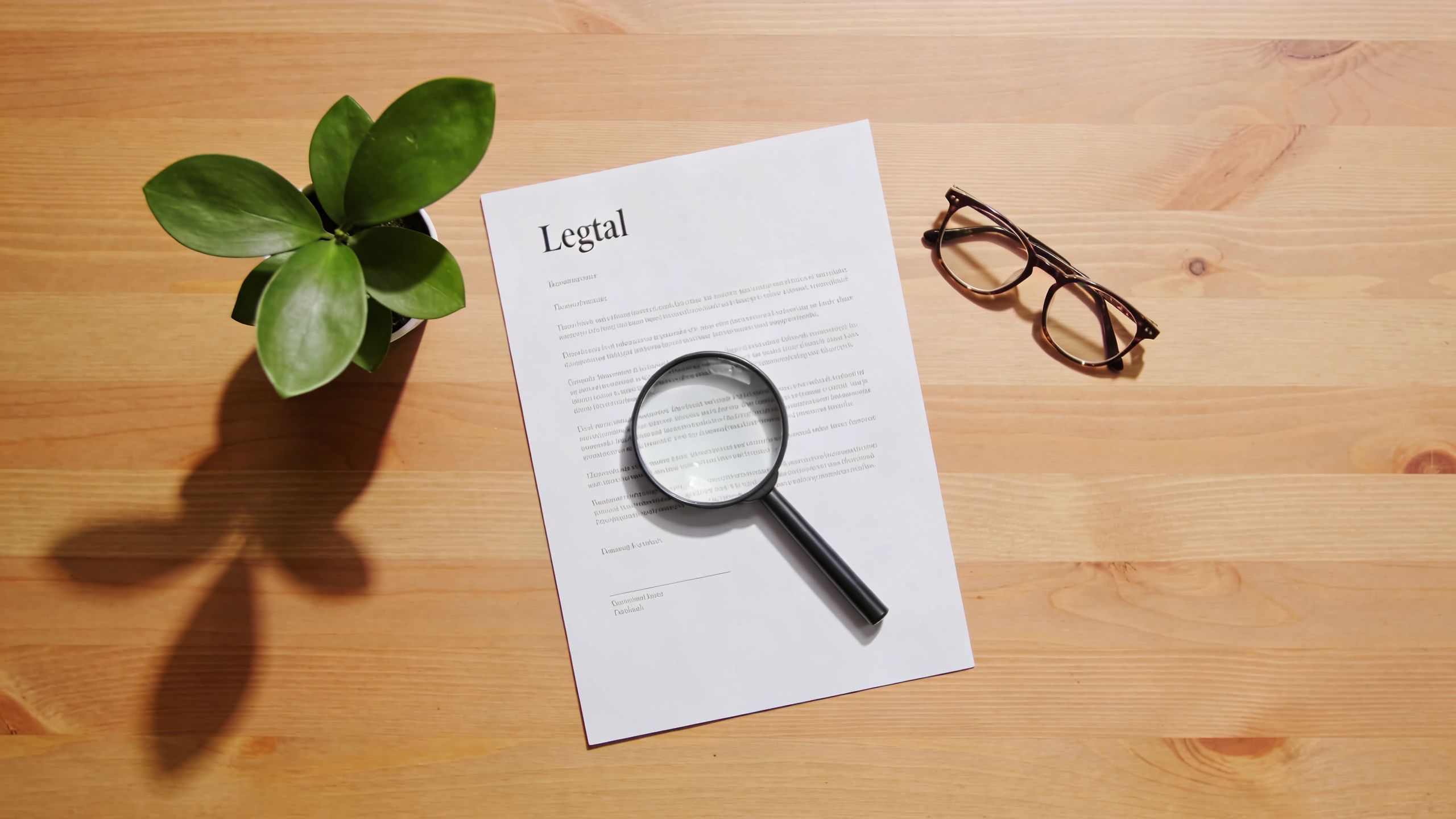 A top-down view of a document titled Legal with a magnifying glass, glasses, and a plant.