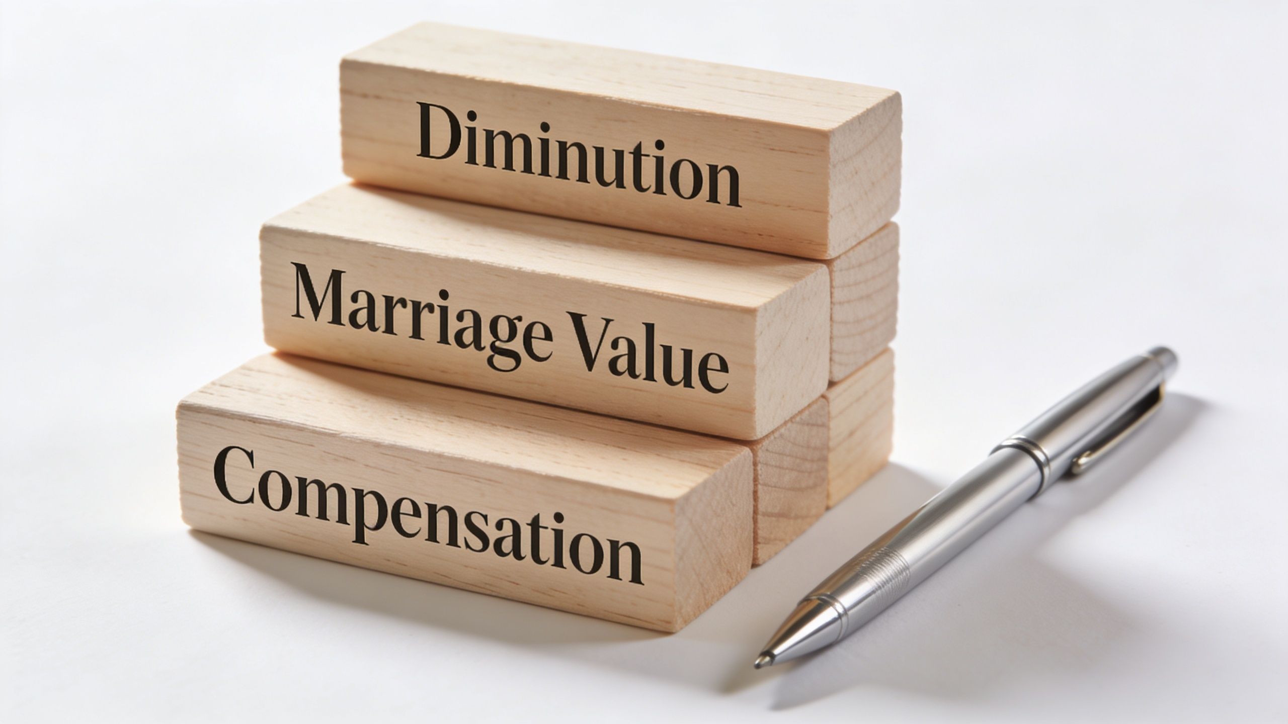 Three stacked wooden blocks with text Diminution, Marriage Value, and Compensation next to a silver pen.