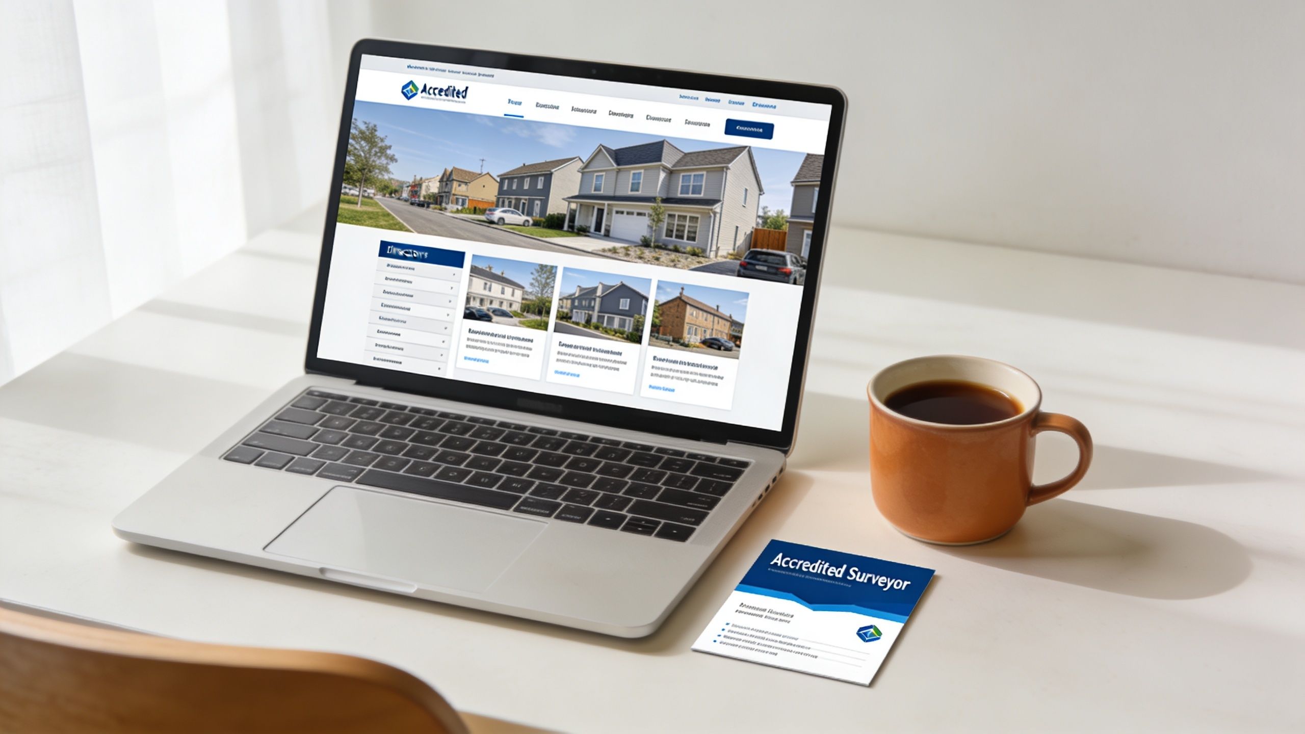 A modern laptop displaying a homebuyers survey website next to a business card and coffee cup.