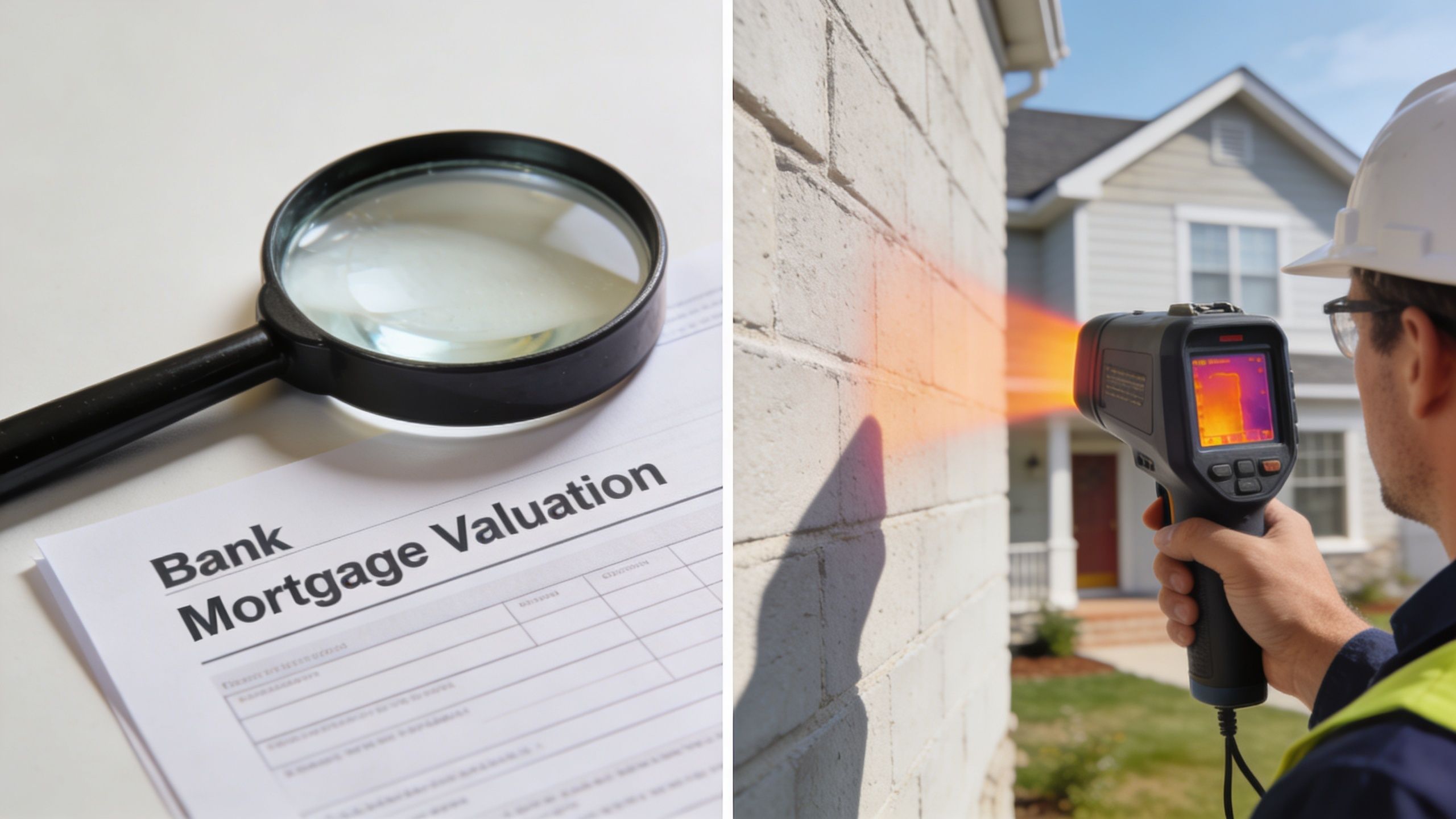 A split image showing a magnifying glass over a bank mortgage valuation document and a building inspector.