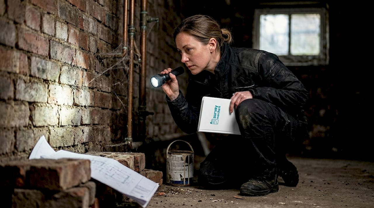 Surveyor inspects brickwork in property cellar