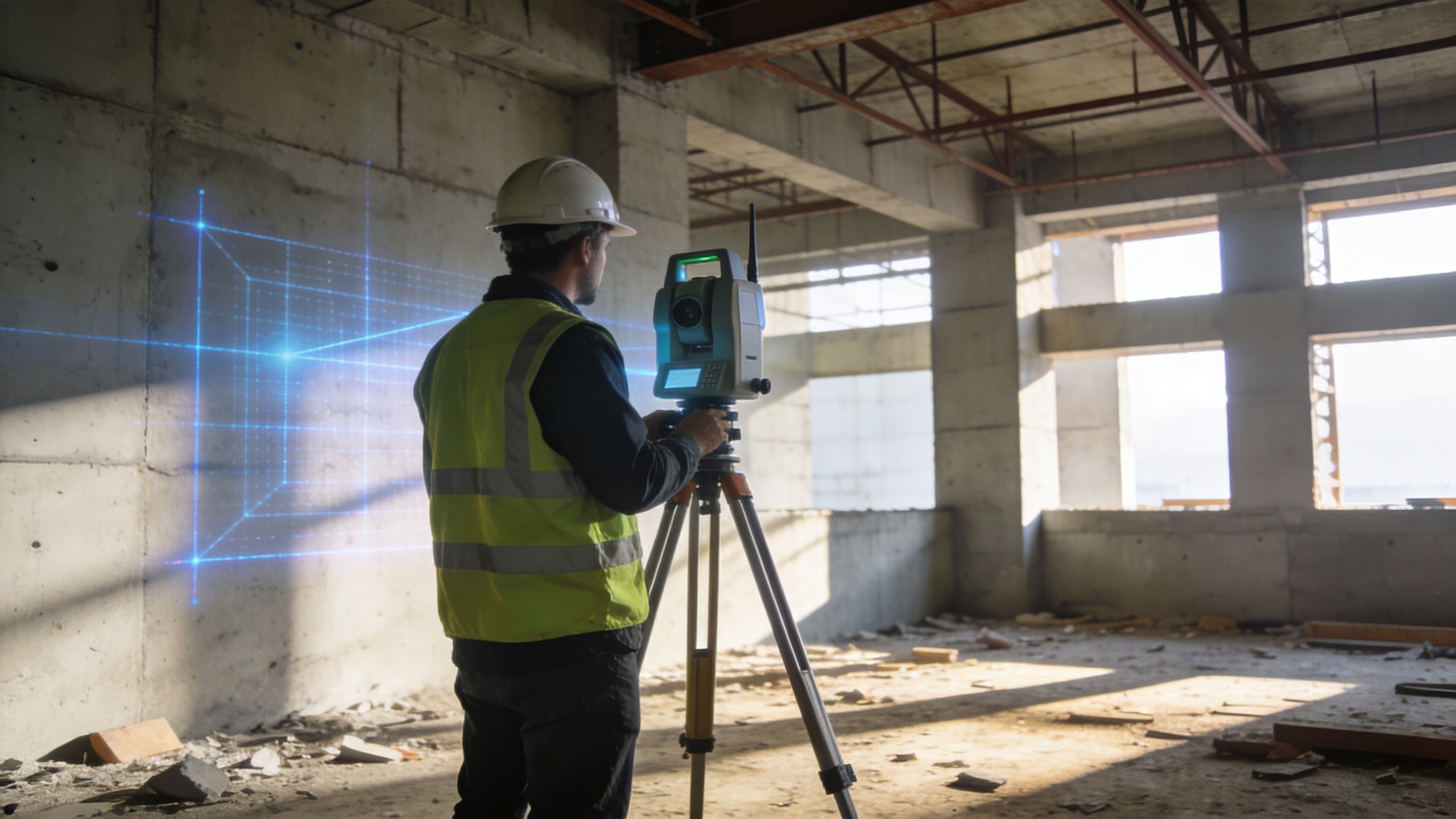 A construction engineer using a digital surveying instrument to scan a building interior with holographic project data.