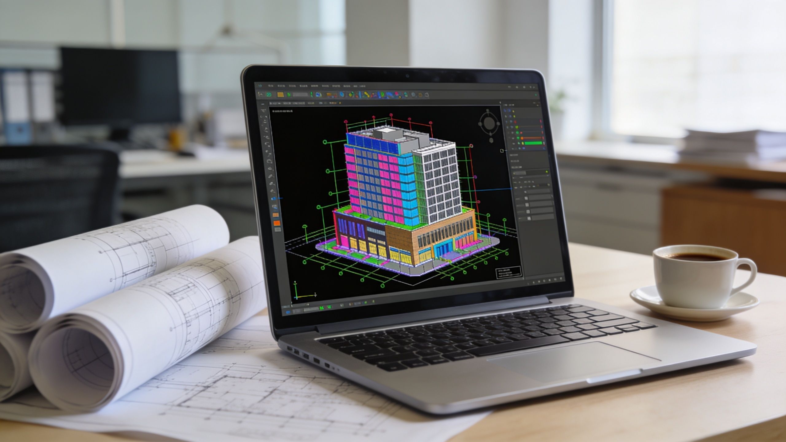A laptop on a desk showing a 3D architectural building model next to paper construction blueprints.