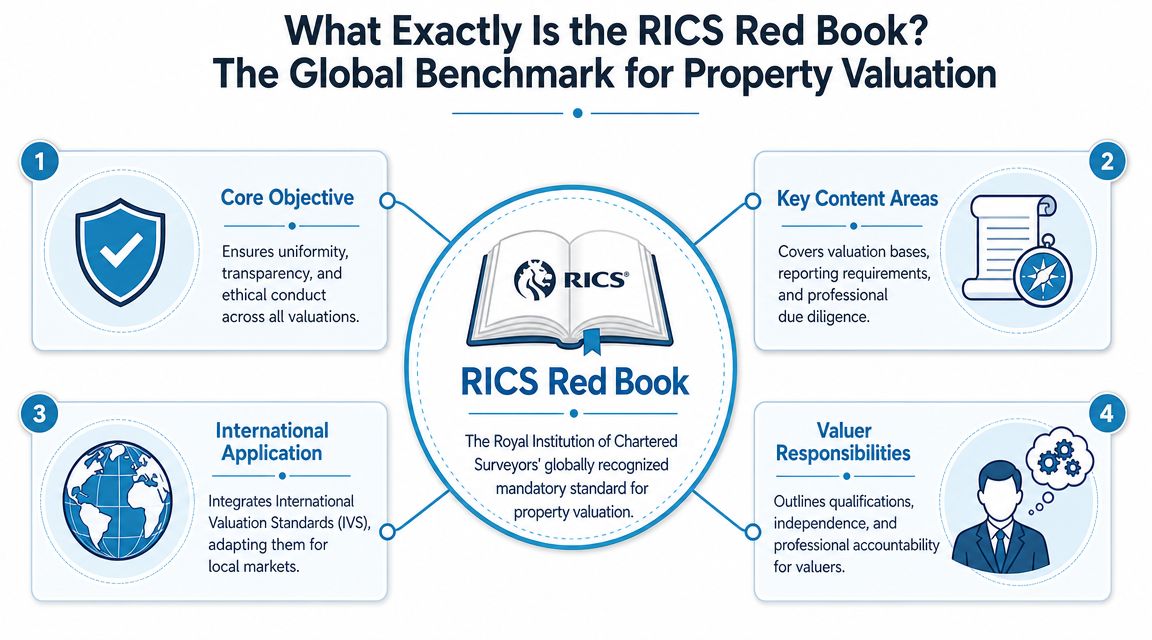 An infographic explaining the RICS Red Book as the global benchmark standard for professional property valuation.
