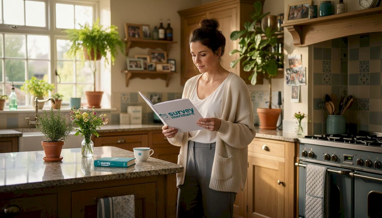 Woman reading survey report in home kitchen