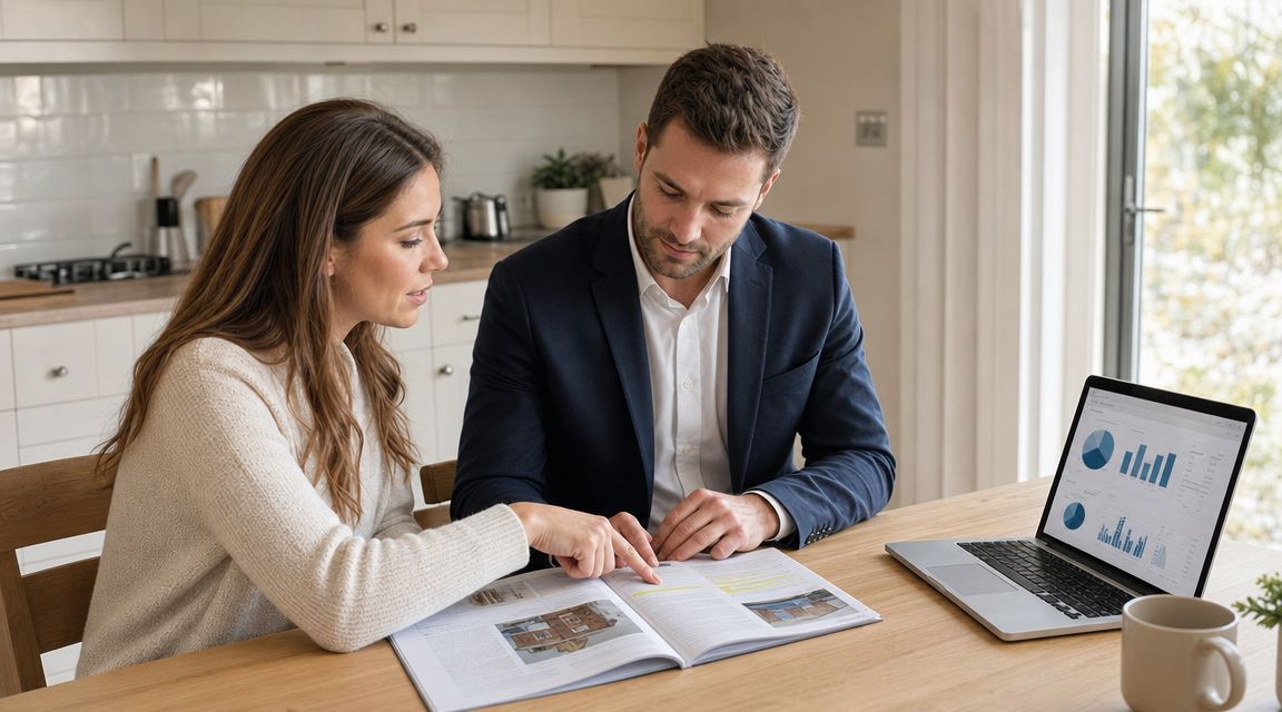 A professional financial advisor reviews property documents with a female client at a kitchen table.