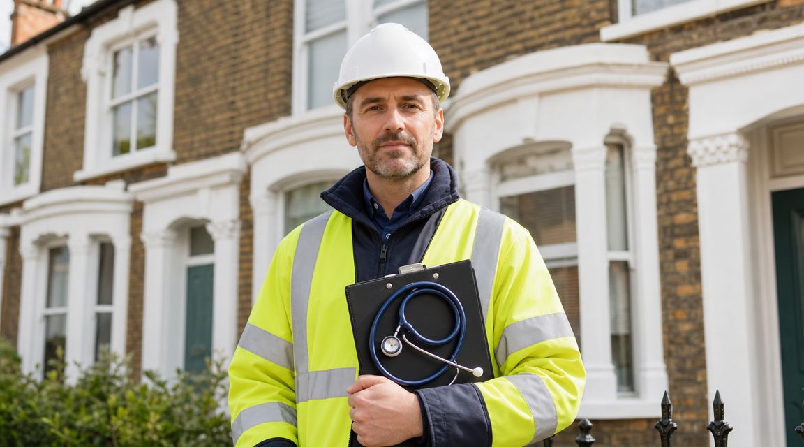 A professional surveyor wearing a high-visibility jacket and hard hat holding a clipboard and a stethoscope.