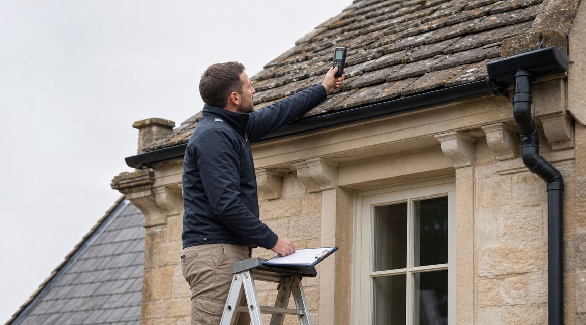 A professional building surveyor examining a roof tile with a moisture meter while standing on a ladder.