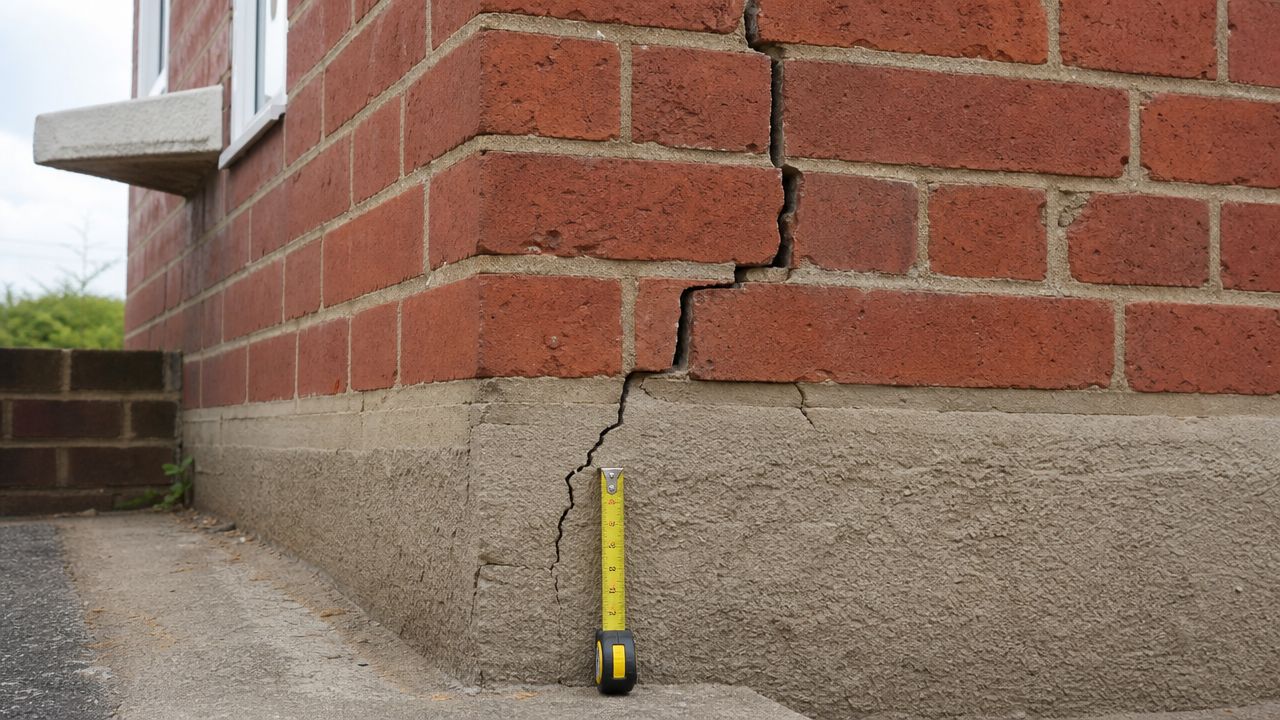 A close-up view of a building's corner showing a significant structural crack with a measuring tape.