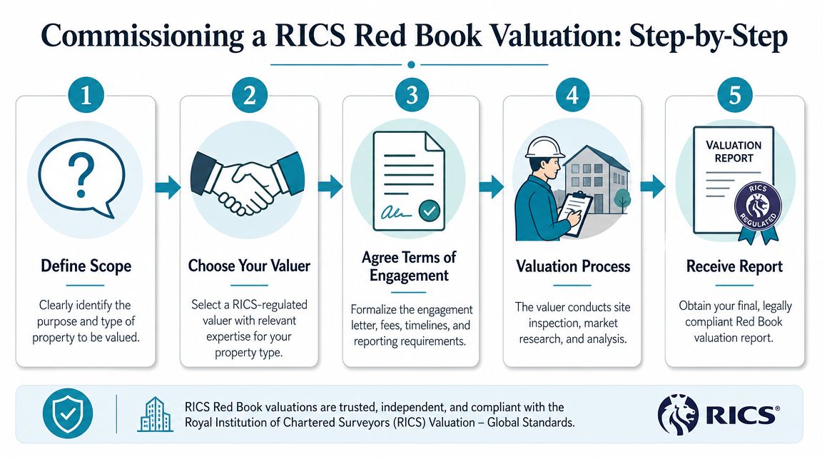 A five-step infographic illustrating the professional process for commissioning a RICS Red Book valuation service.