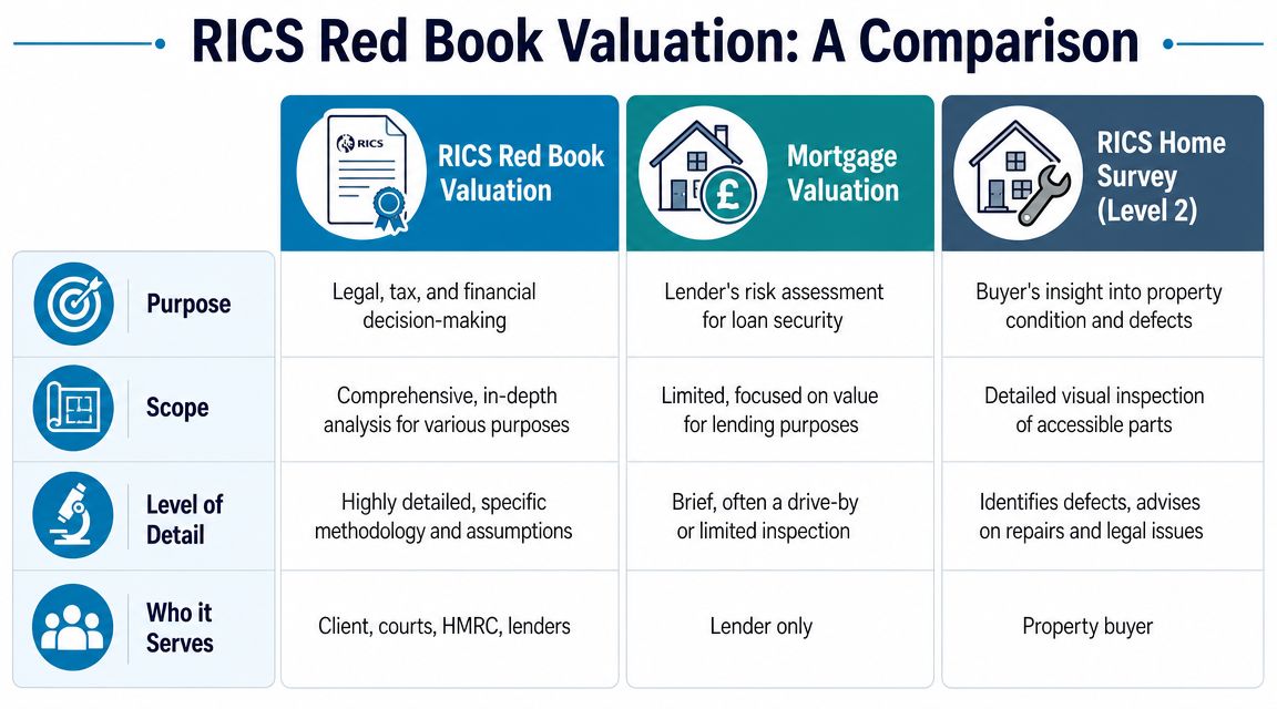 A comparison table outlining the differences between RICS Red Book valuations, mortgage valuations, and home surveys.